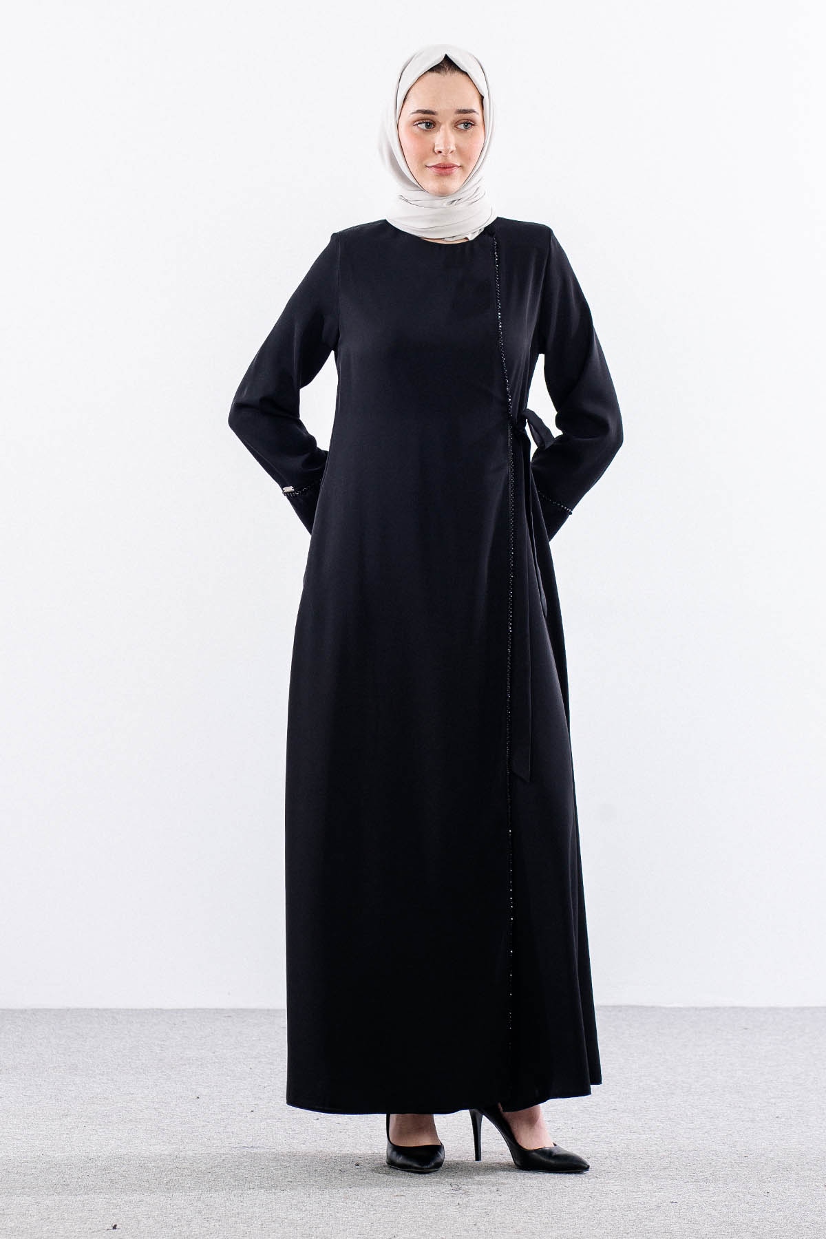 1012 Ferace 38-52 Boncuk Tas Detay - Siyah - 2