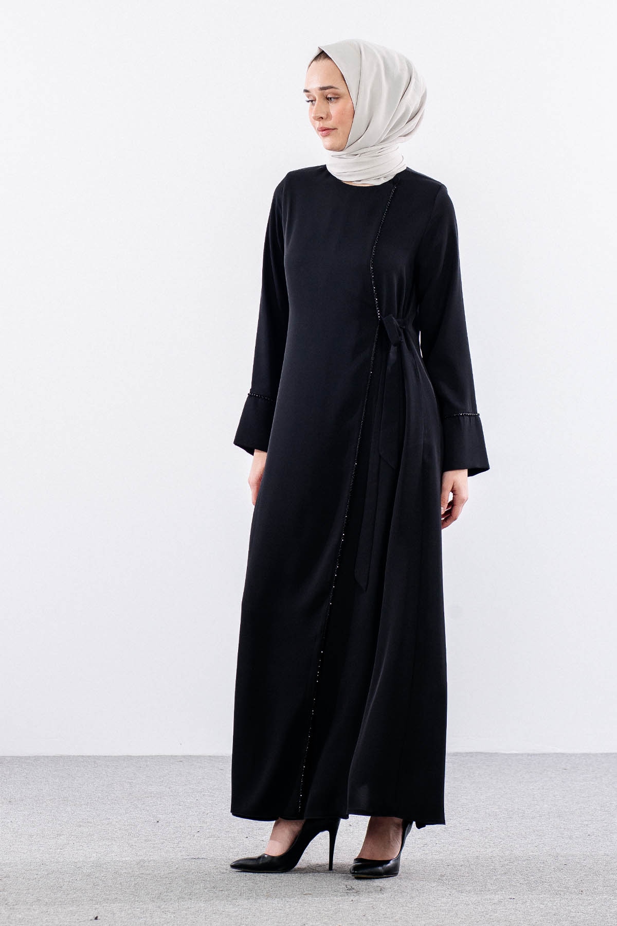 1012 Ferace 38-52 Boncuk Tas Detay - Siyah - 4