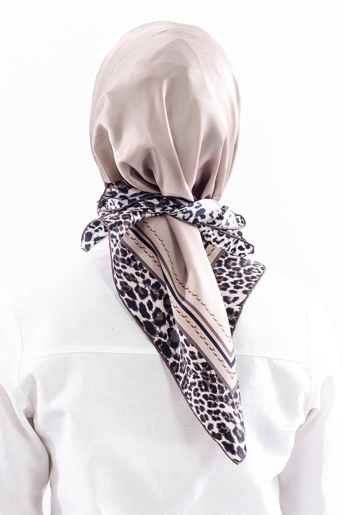 10748 İpek Eşarp Sura Kumas Kenari Leopar - Vizon - 4