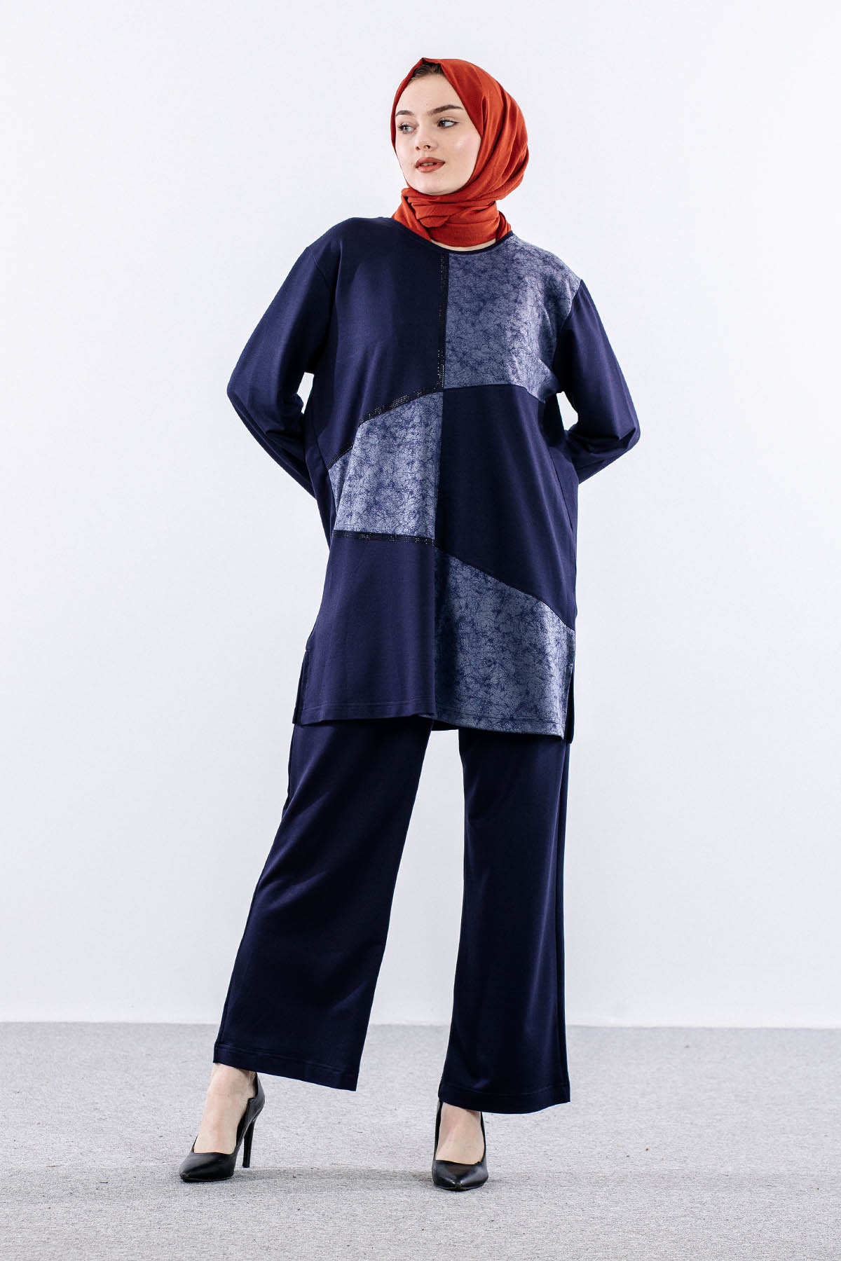 1404 Takim 44-46-48-50 Kare Desen - Lacivert - 1