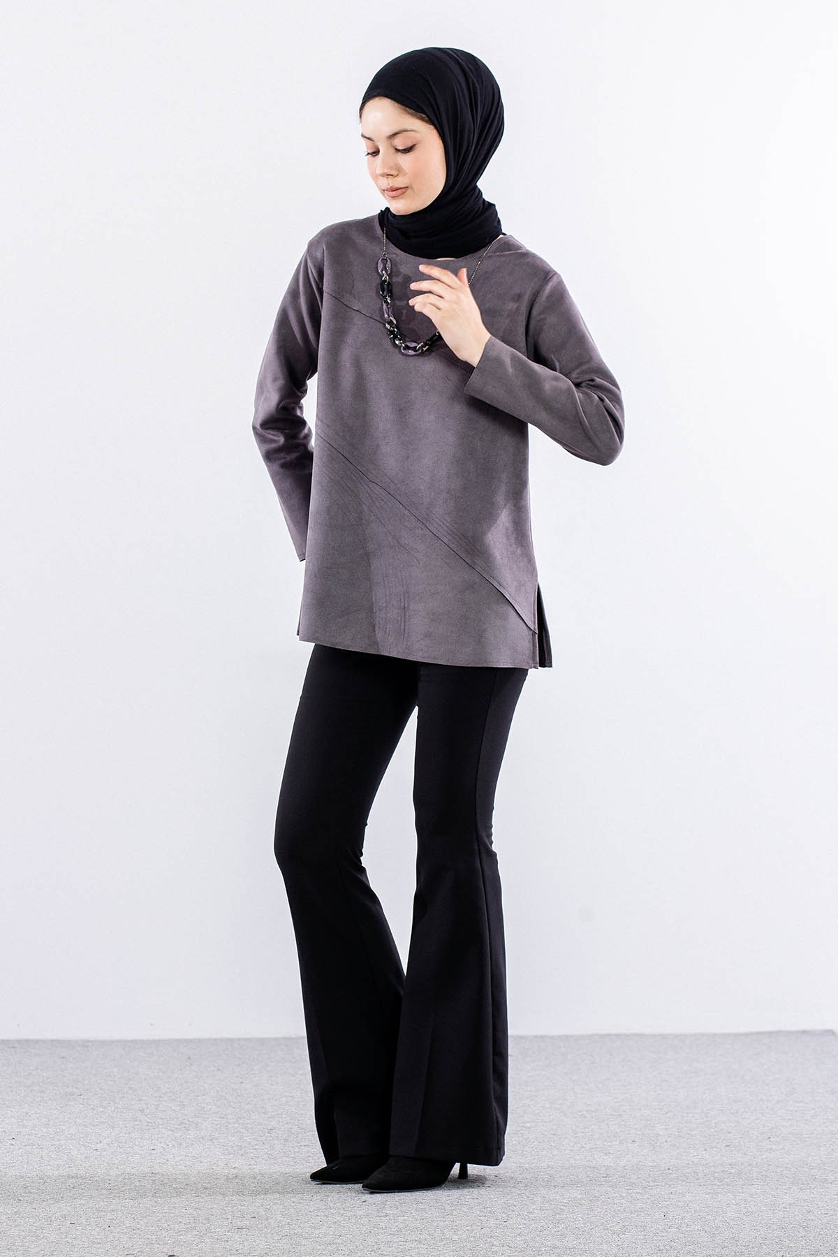 2470 Süet Bluz 44-50 - Gri - 3