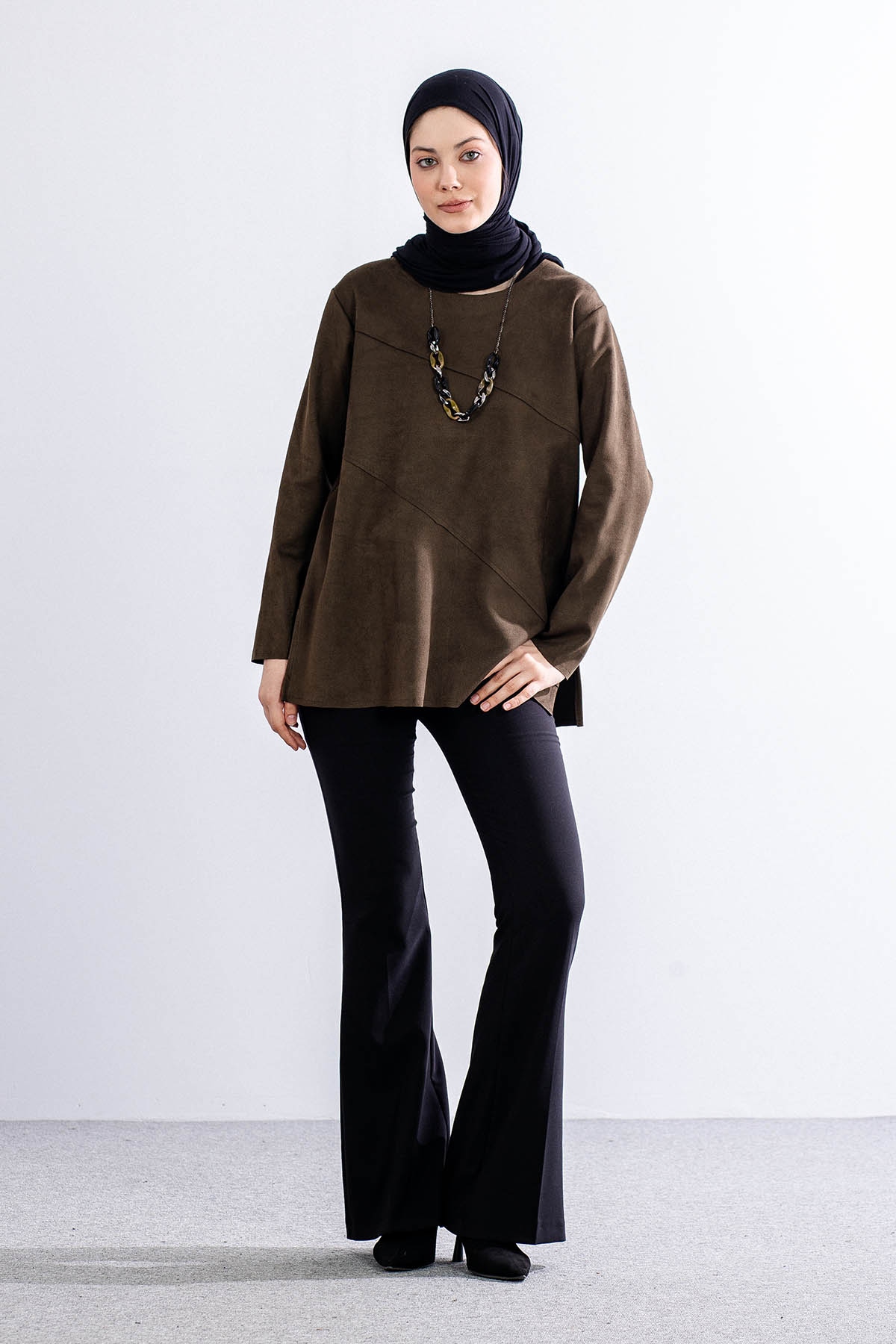 2470 Süet Bluz 44-50 - Yesil - 2