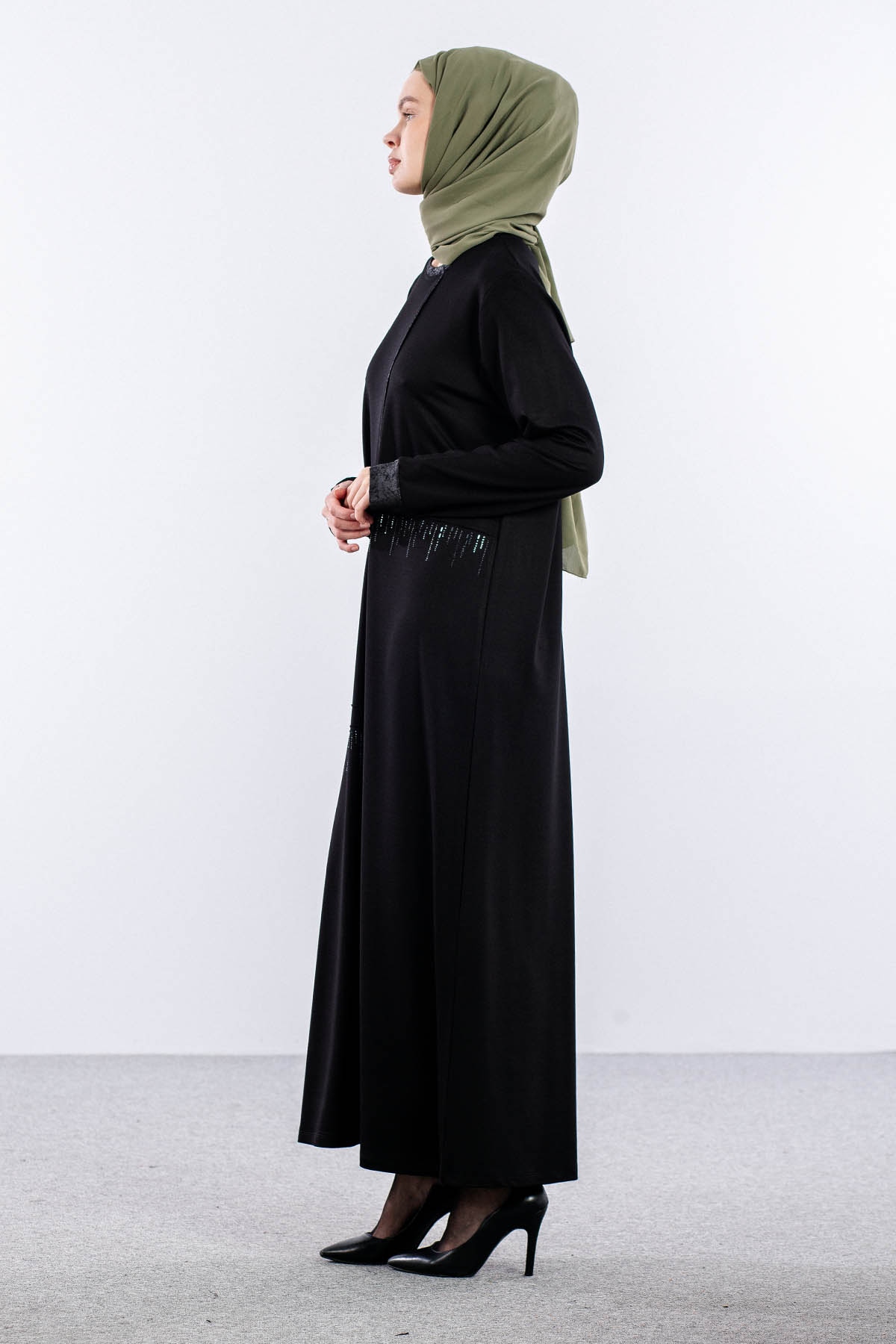 25112 Elbise 44-46-48 On Ve Yan Tas Detay - Siyah - 4