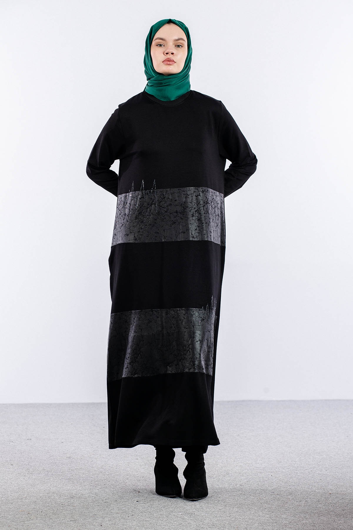 25113 Elbise 44-46-48 Deri Garni - Siyah_k.deri - 2