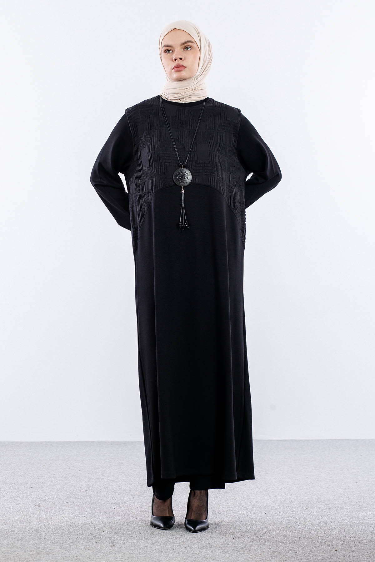 25294 Elbise 44-46-48 Kapitone Garni - Siyah - 2