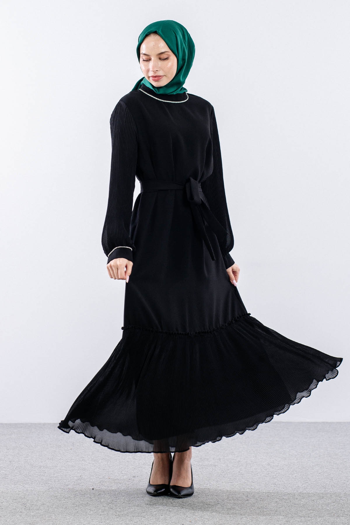 2565 Elbise 42-50 Plise Detay - Siyah - 1