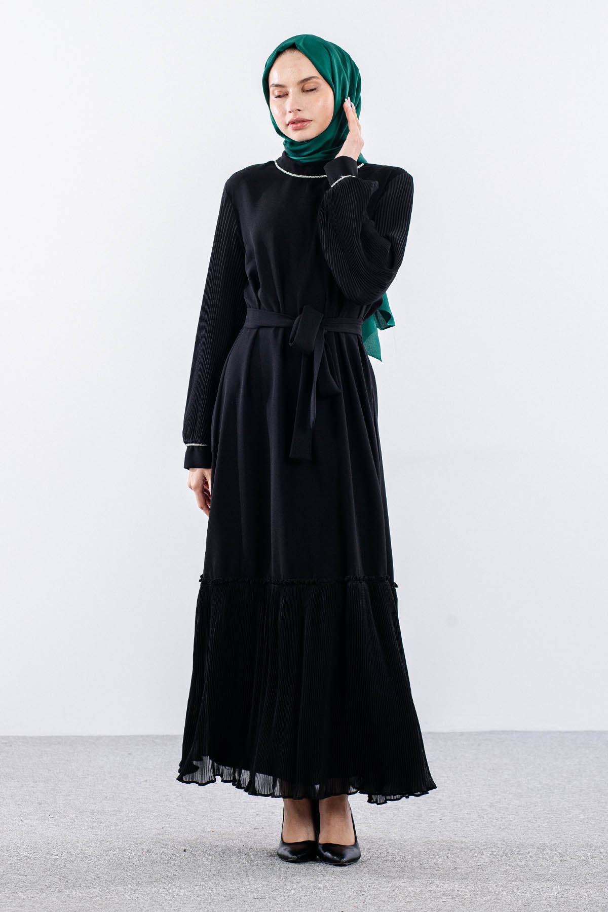 2565 Elbise 42-50 Plise Detay - Siyah - 2