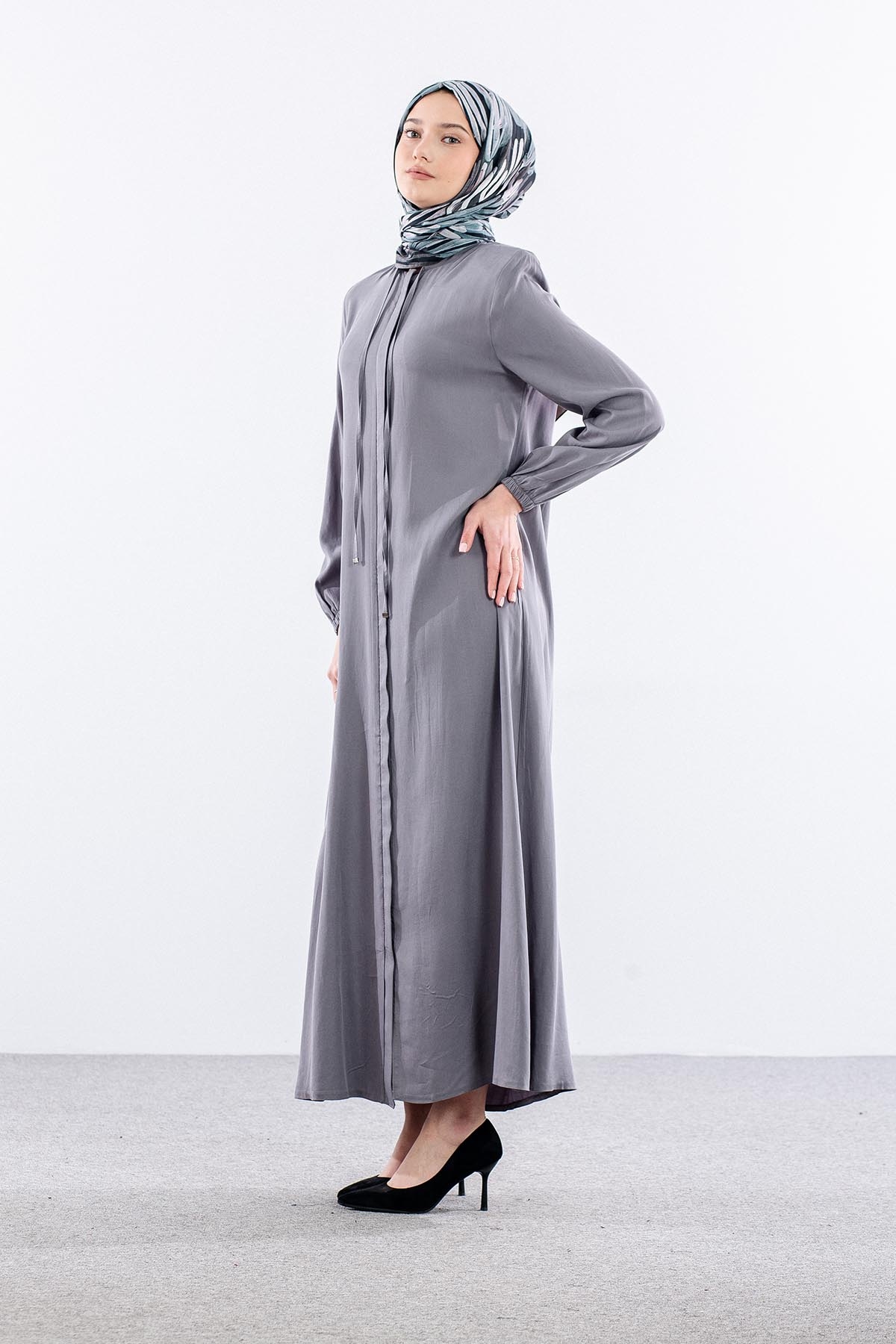 2616 Ferace 42-52 Tencel Duz Ipli - Gri - 3