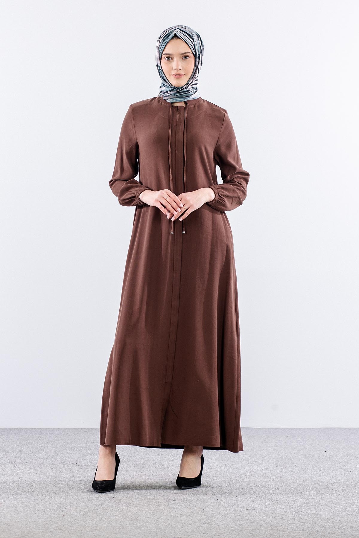 2616 Ferace 42-52 Tencel Duz Ipli - Kahve - 1