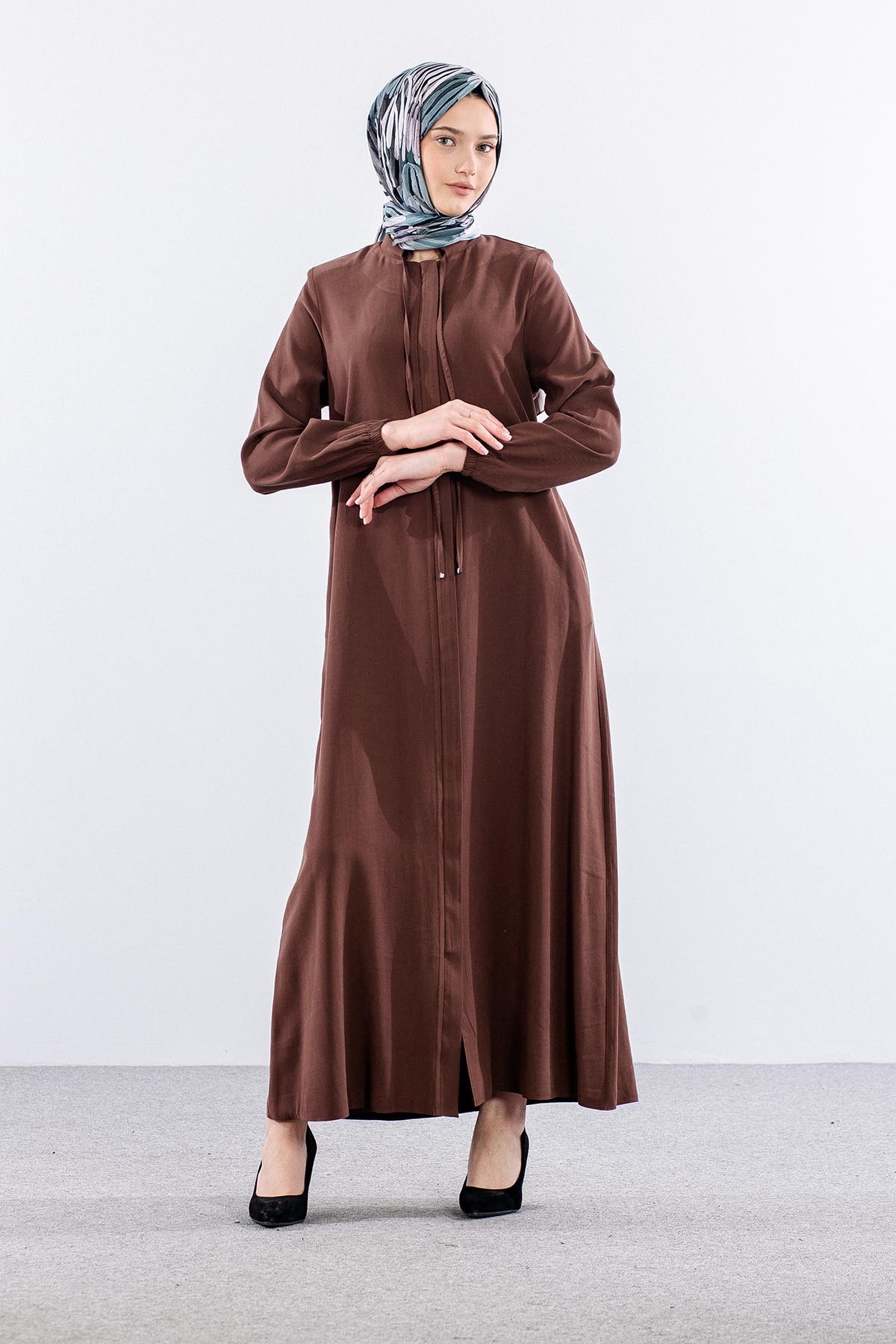 2616 Ferace 42-52 Tencel Duz Ipli - Kahve - 3