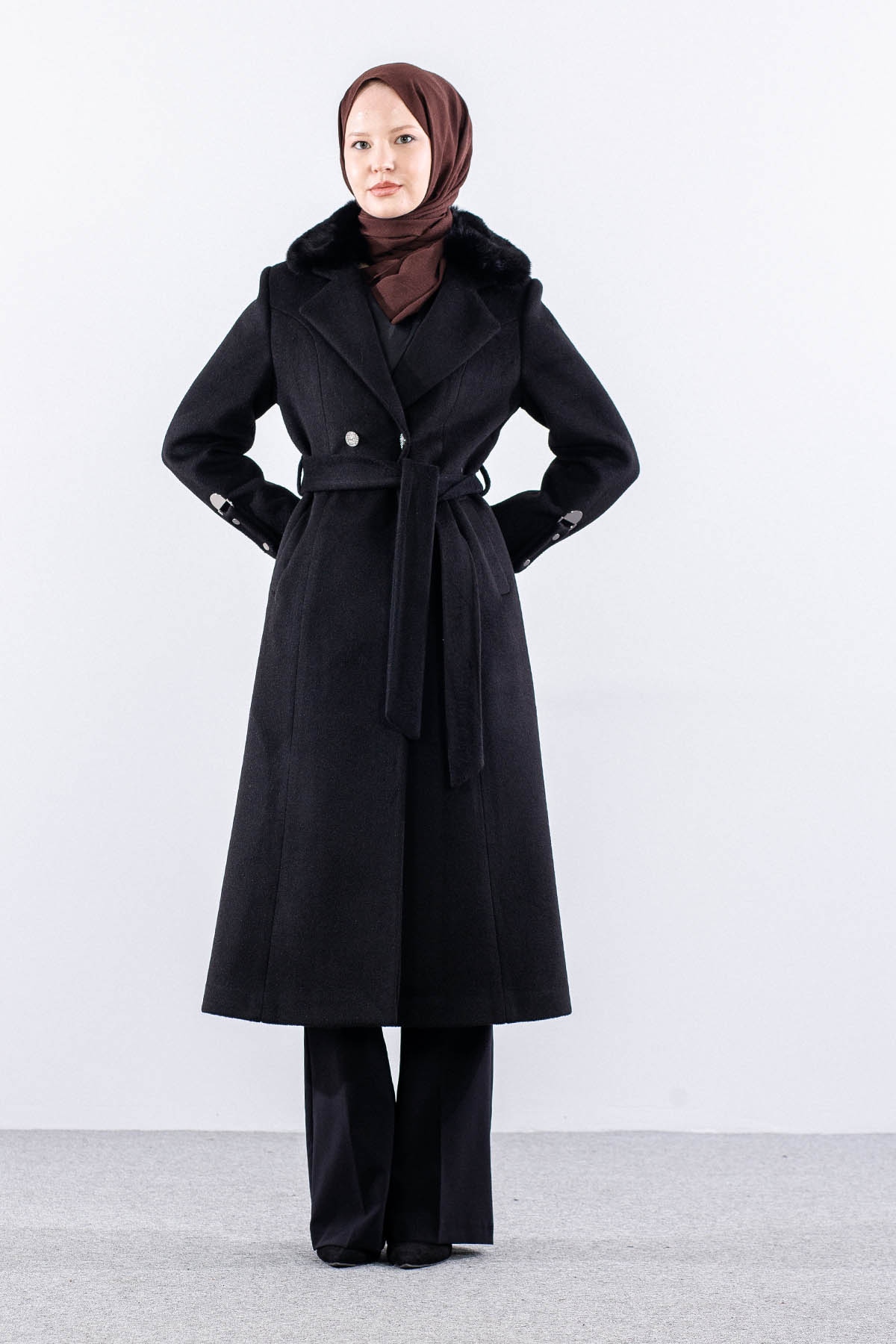 2754 Kaşe Kaban 1-6 Kurklu - Siyah - 2