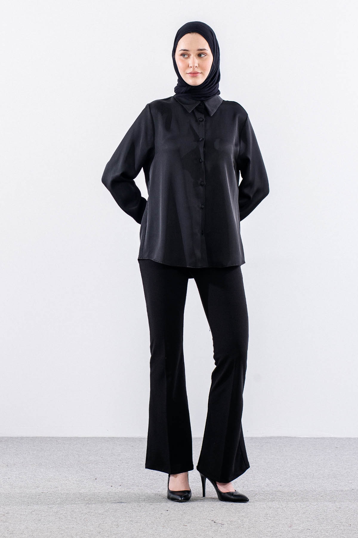 3080 Gömlek 42-50 Saten - Siyah - 2