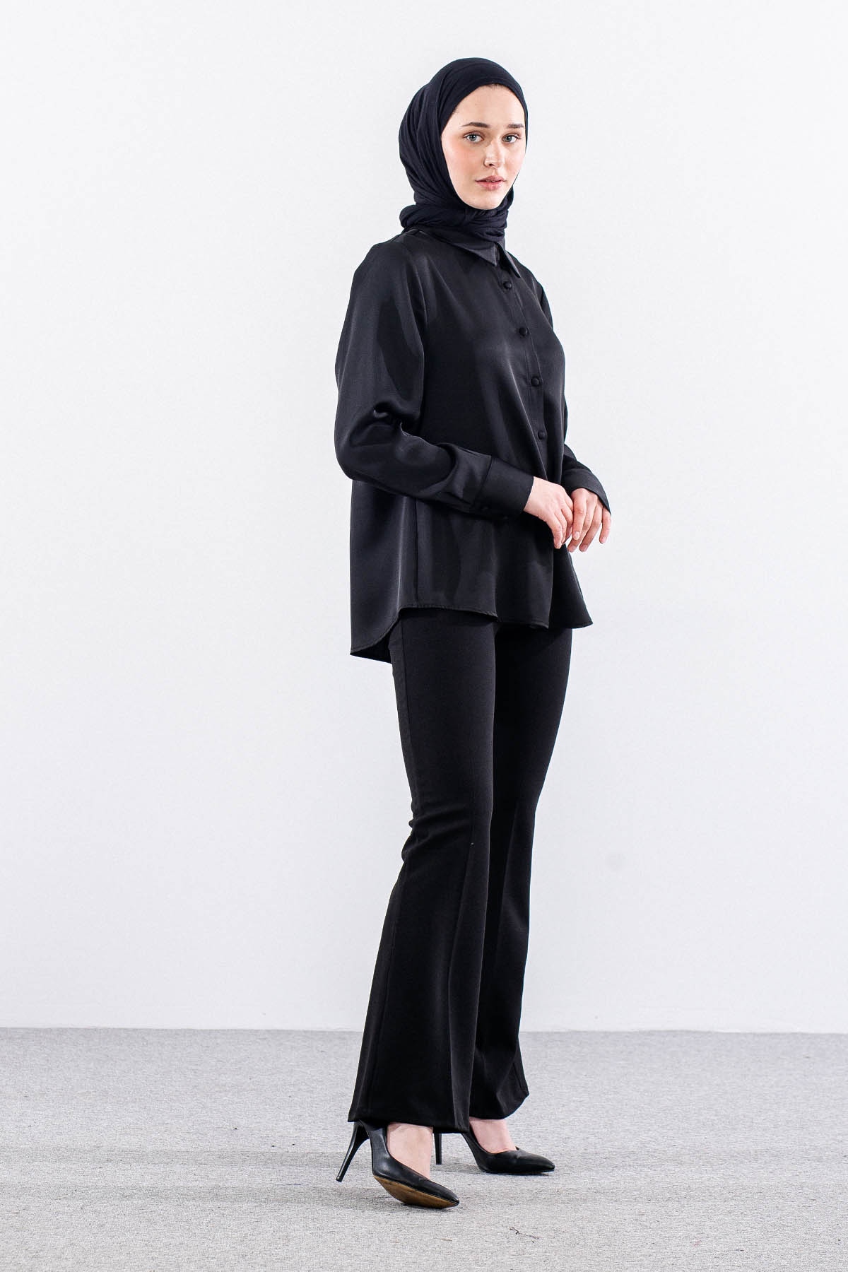 3080 Gömlek 42-50 Saten - Siyah - 3