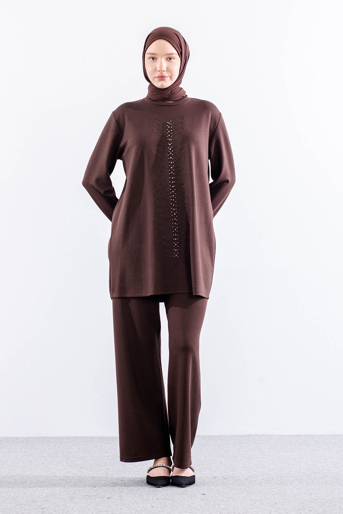 312 Takim 40-46 Boncuk Nakis Detayli - Kahve - 1