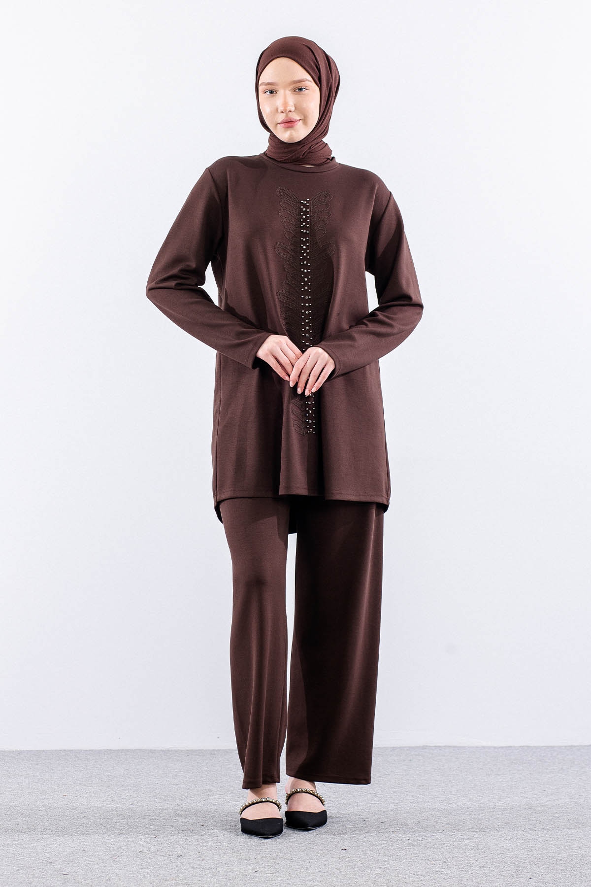 312 Takim 40-46 Boncuk Nakis Detayli - Kahve - 2