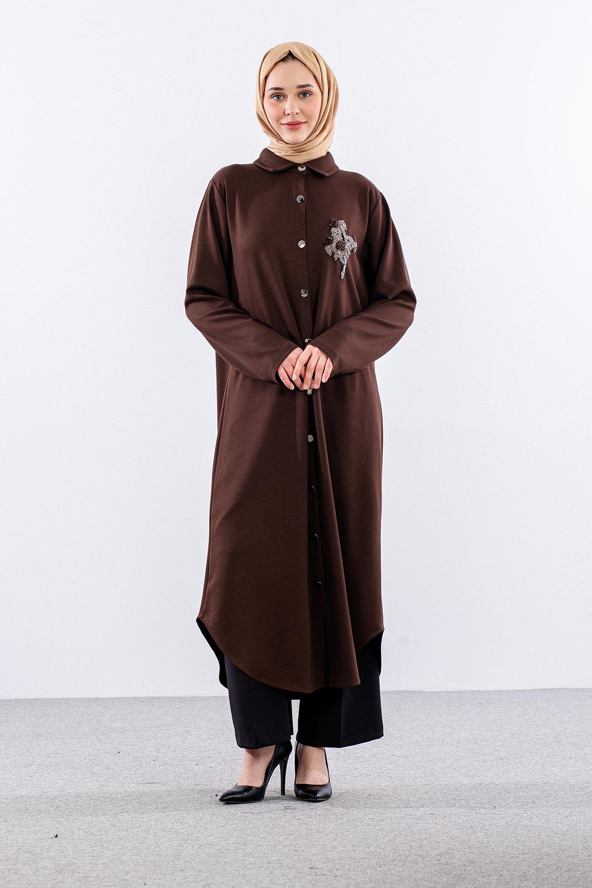 329 Tunik 38-48 Cicek Tas Isleme - Kahve - 1