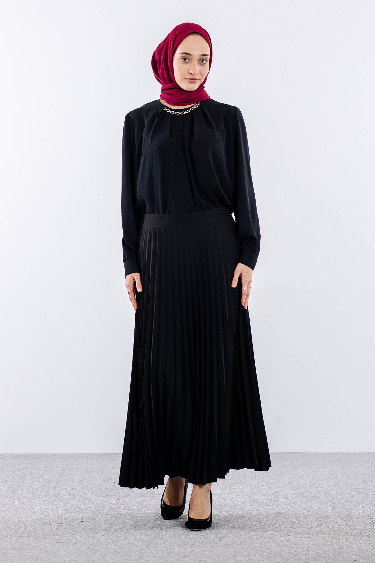 3322 Etek 38-48 Plise Detay - Siyah - 2