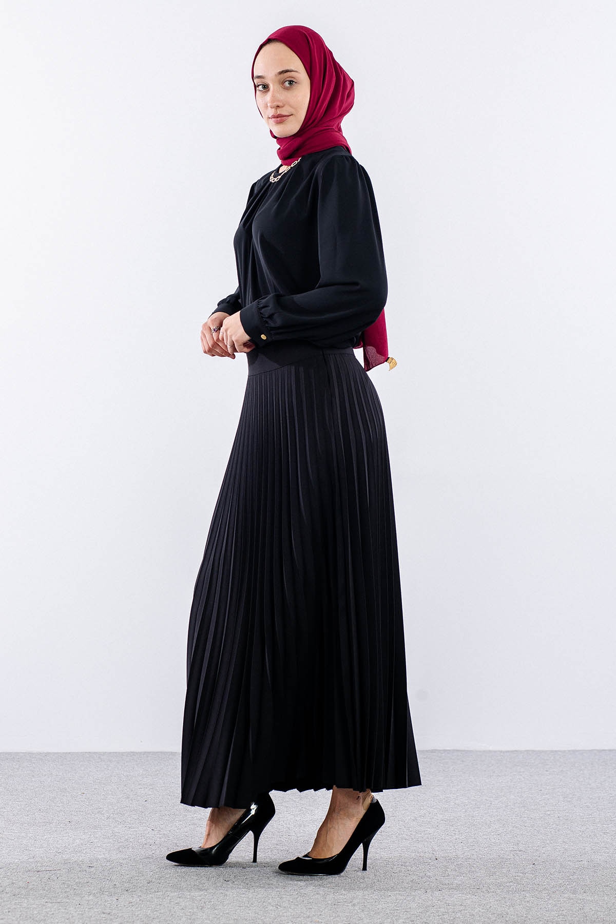 3322 Etek 38-48 Plise Detay - Siyah - 4