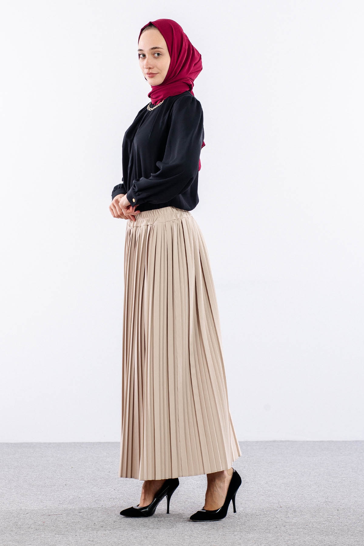 3347 Etek 1-2-3 Plise Detay - Bej - 3