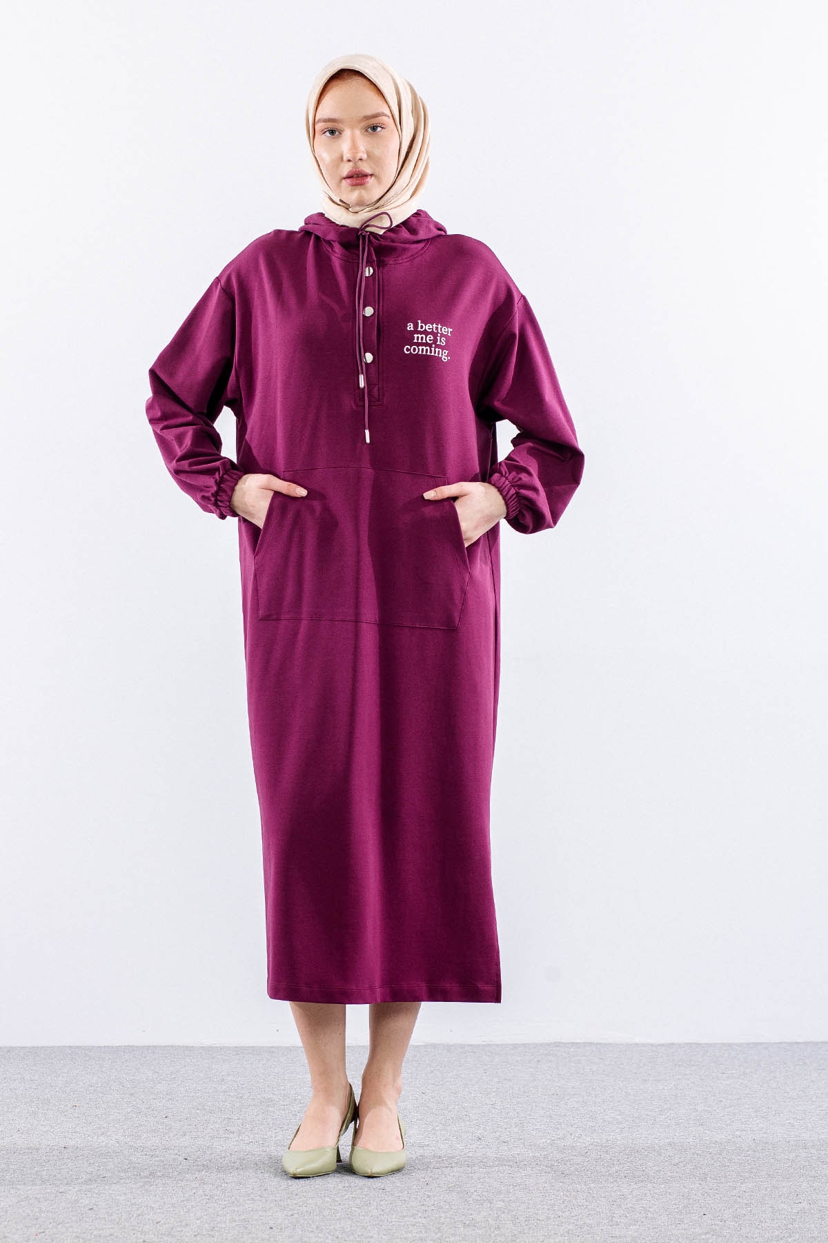 33744 Elbise Tek Kapson Detay - Bordo - 1