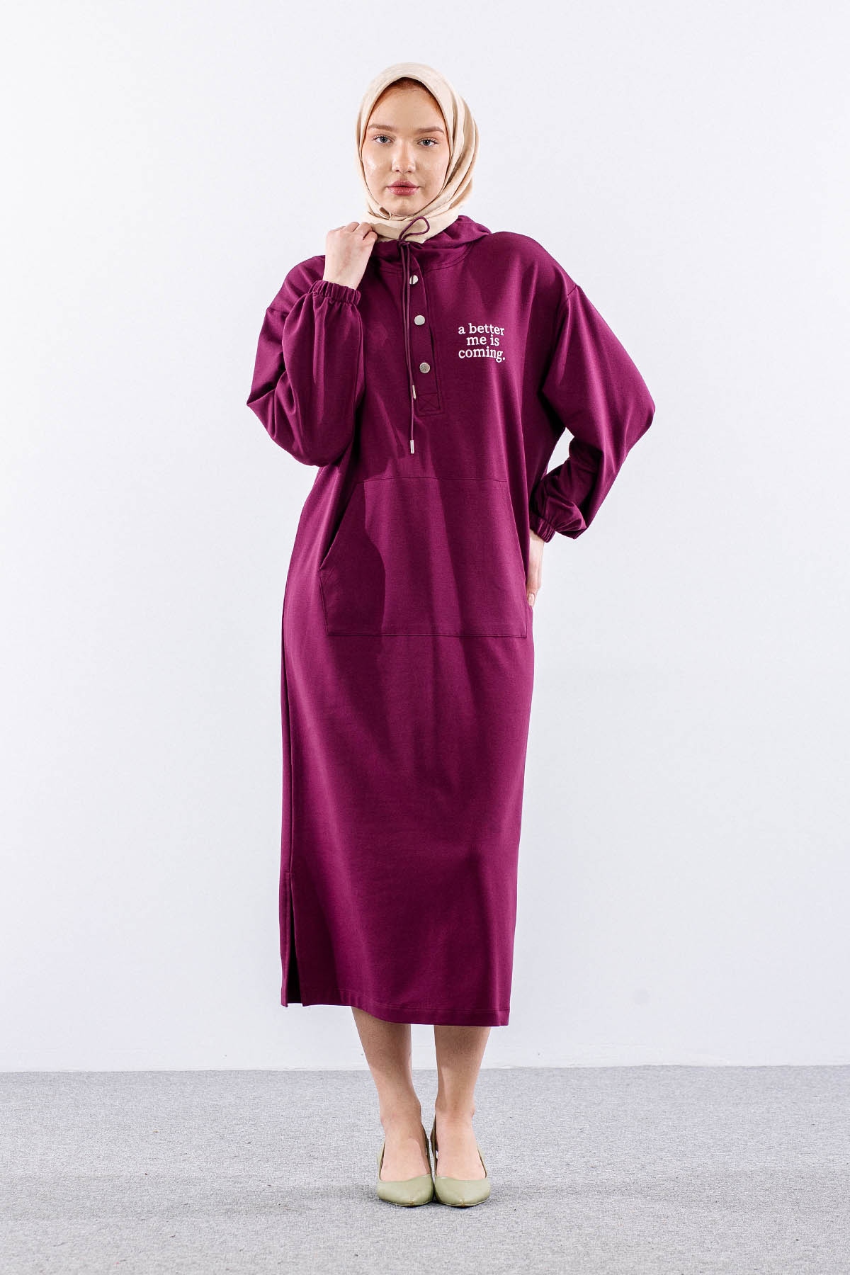 33744 Elbise Tek Kapson Detay - Bordo - 2