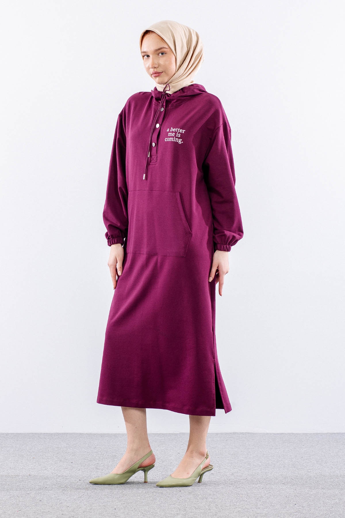 33744 Elbise Tek Kapson Detay - Bordo - 3