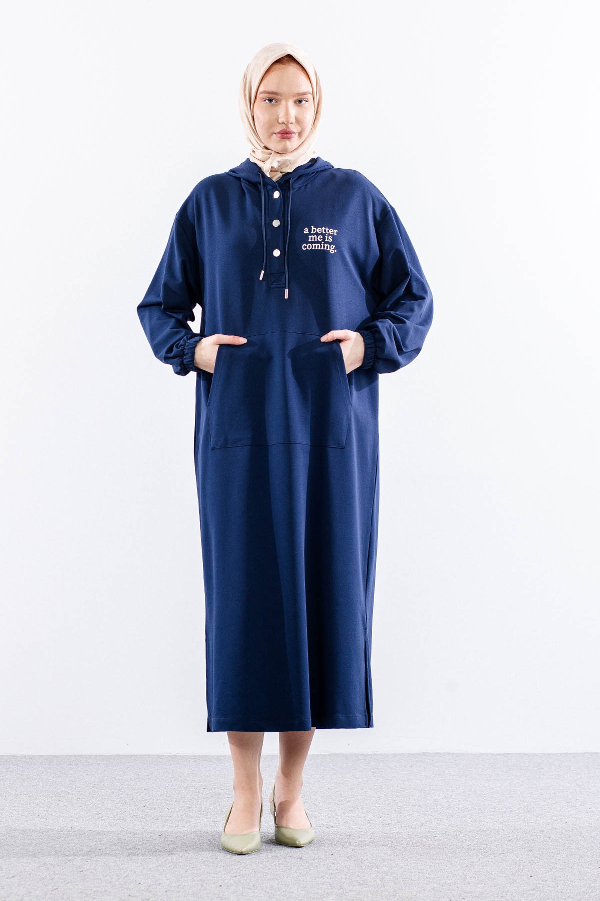 33744 Elbise Tek Kapson Detay - Lacivert - 1