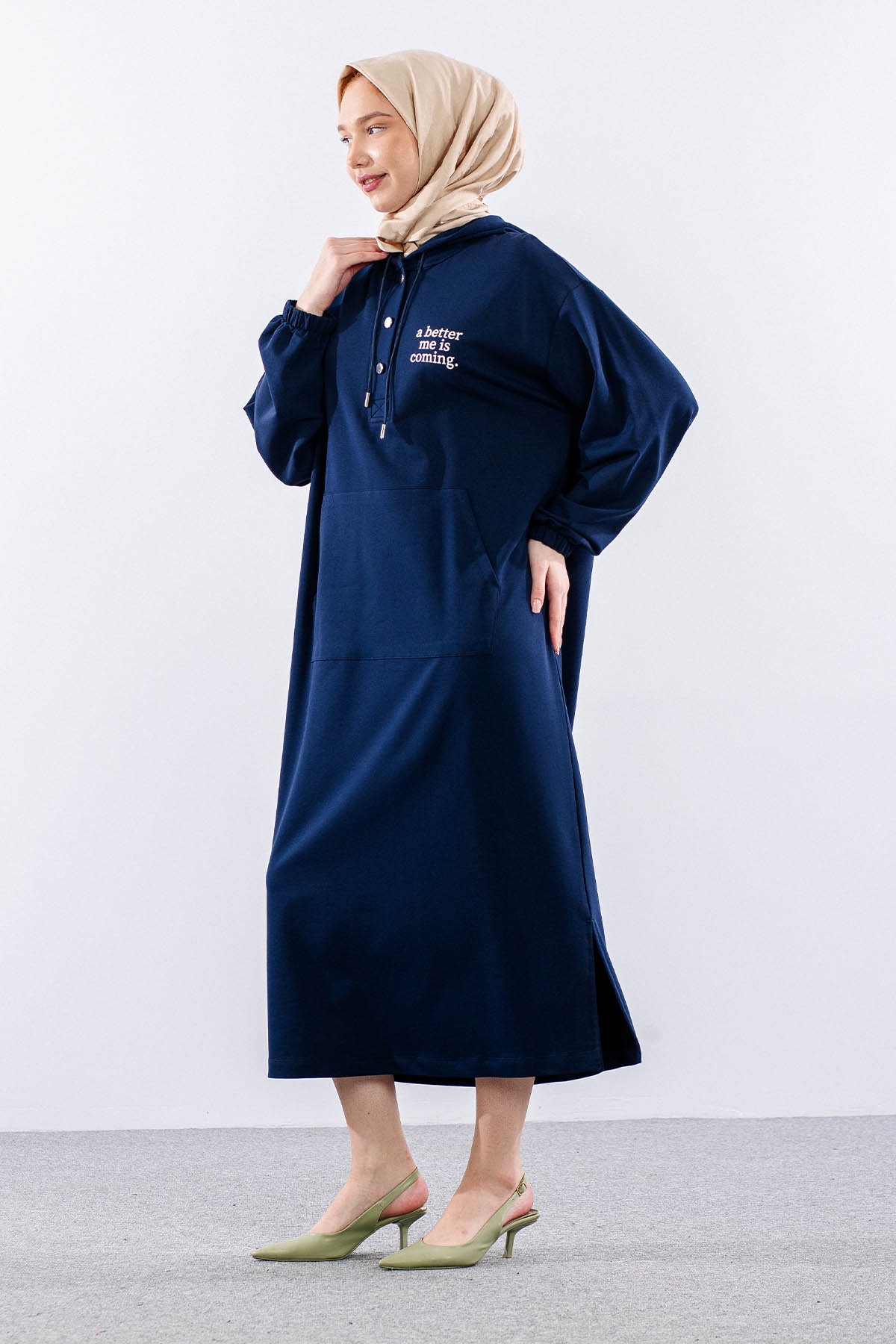 33744 Elbise Tek Kapson Detay - Lacivert - 4