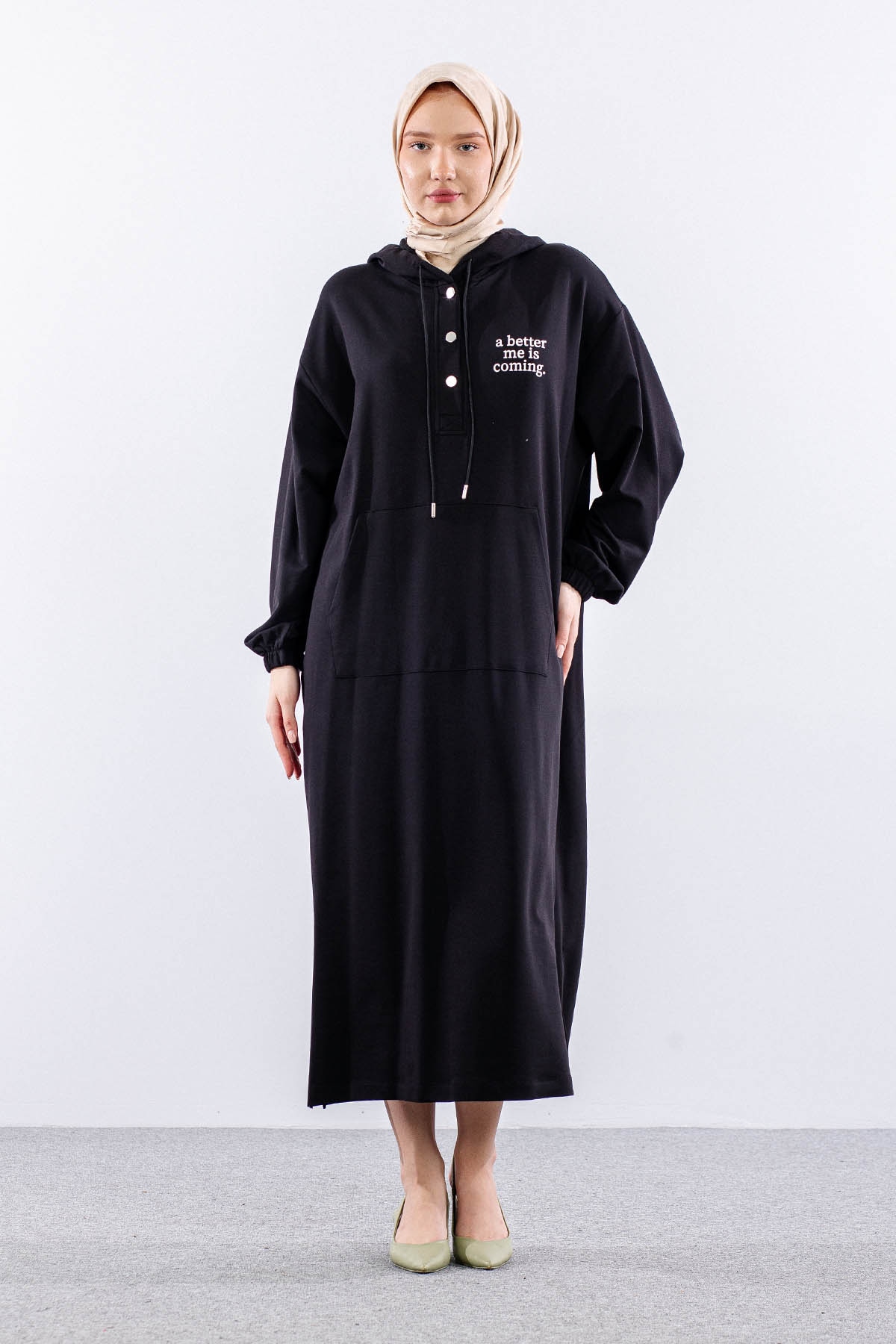 33744 Elbise Tek Kapson Detay - Siyah - 1