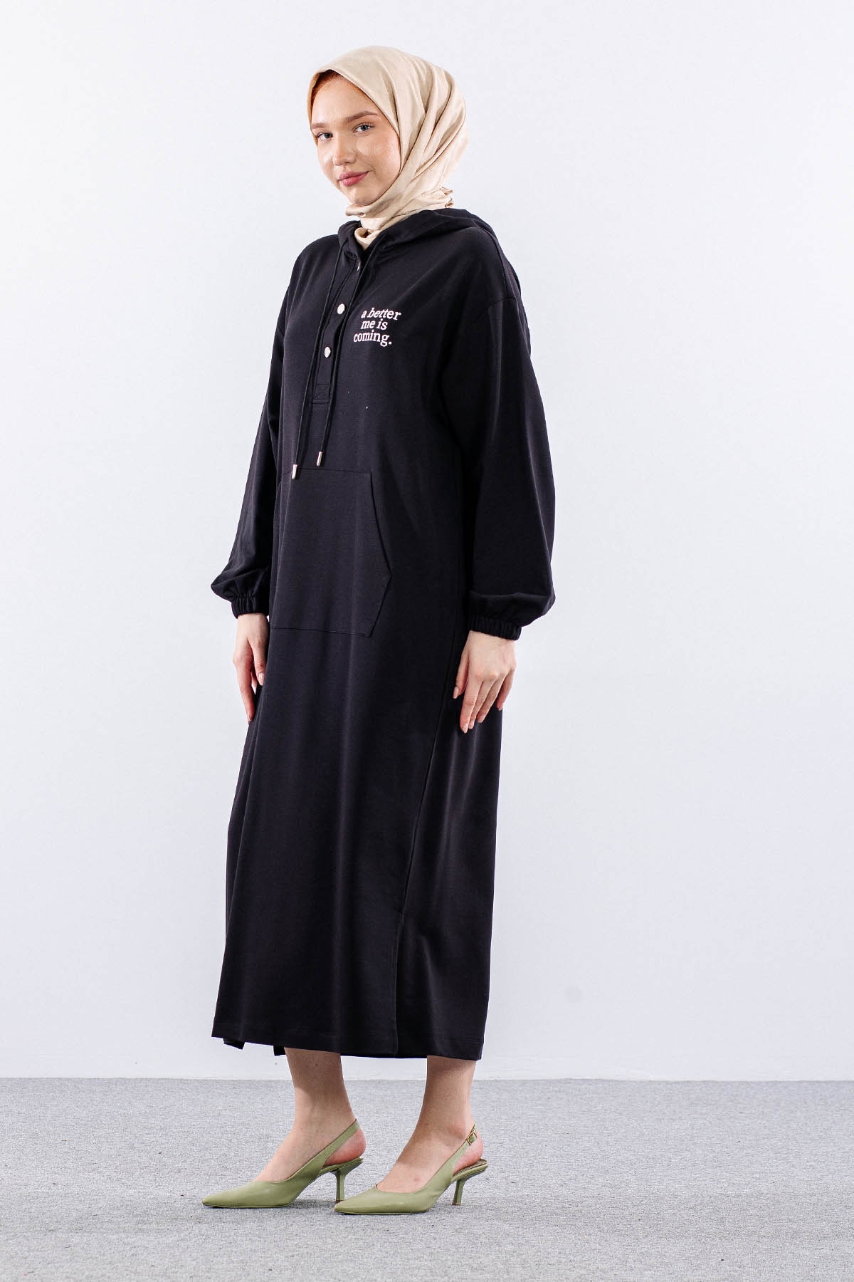 33744 Elbise Tek Kapson Detay - Siyah - 3