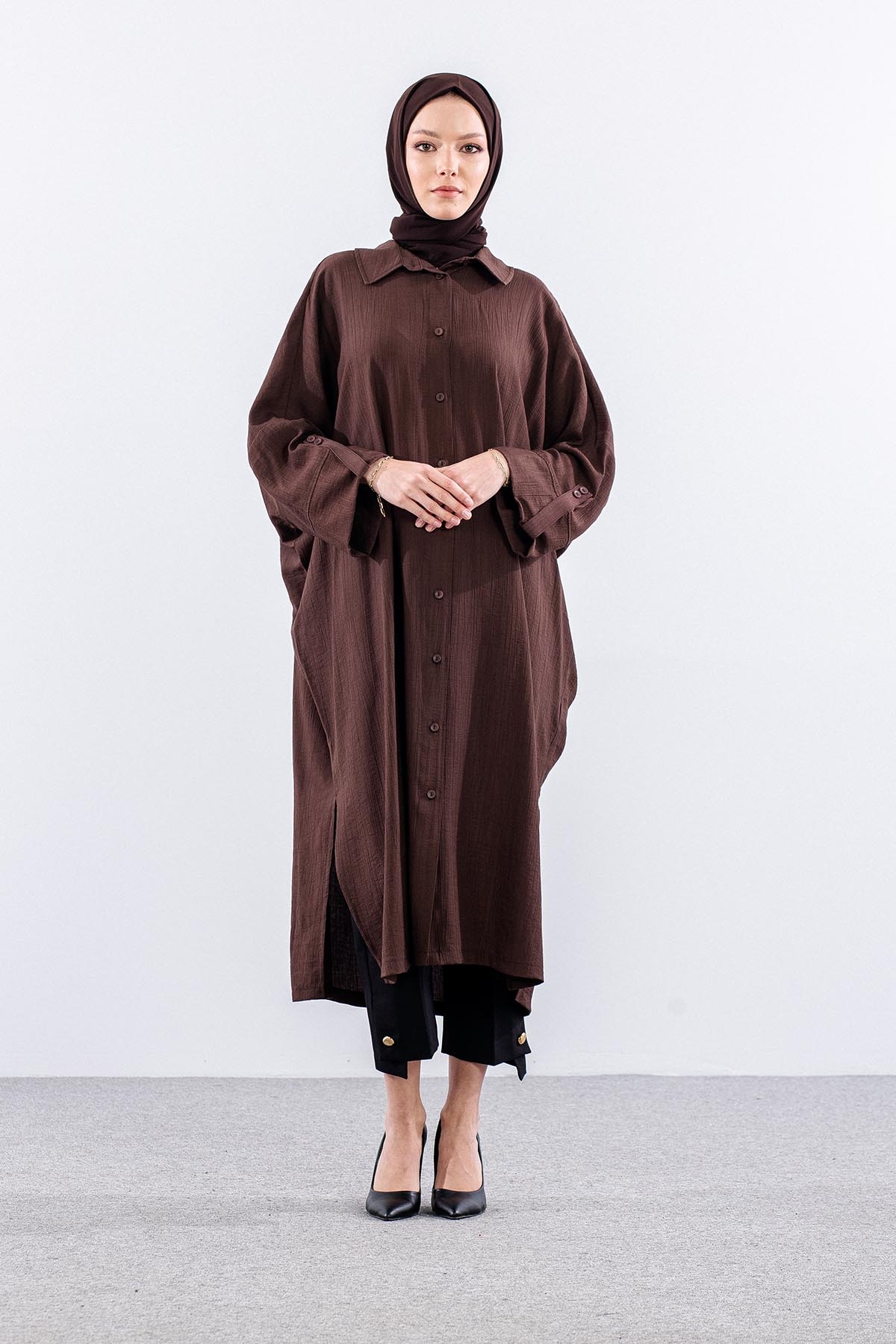 34296 Tunik Tek Oversize - Kahve - 1