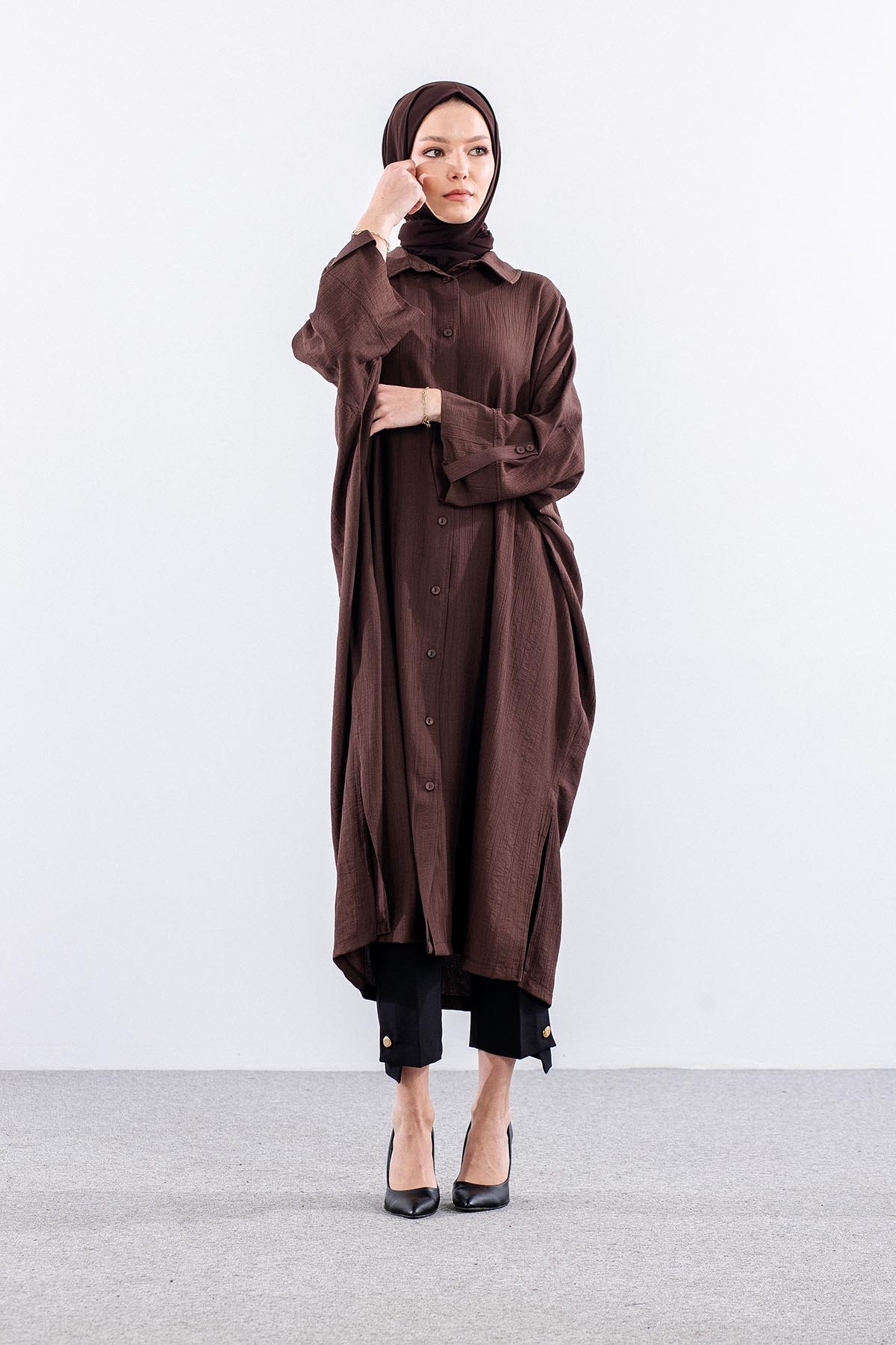 34296 Tunik Tek Oversize - Kahve - 2