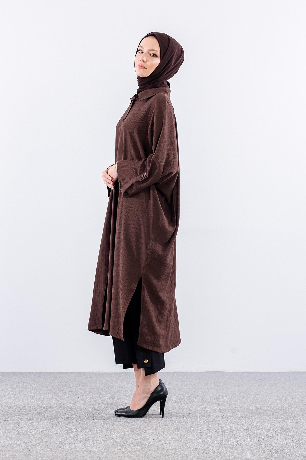 34296 Tunik Tek Oversize - Kahve - 3