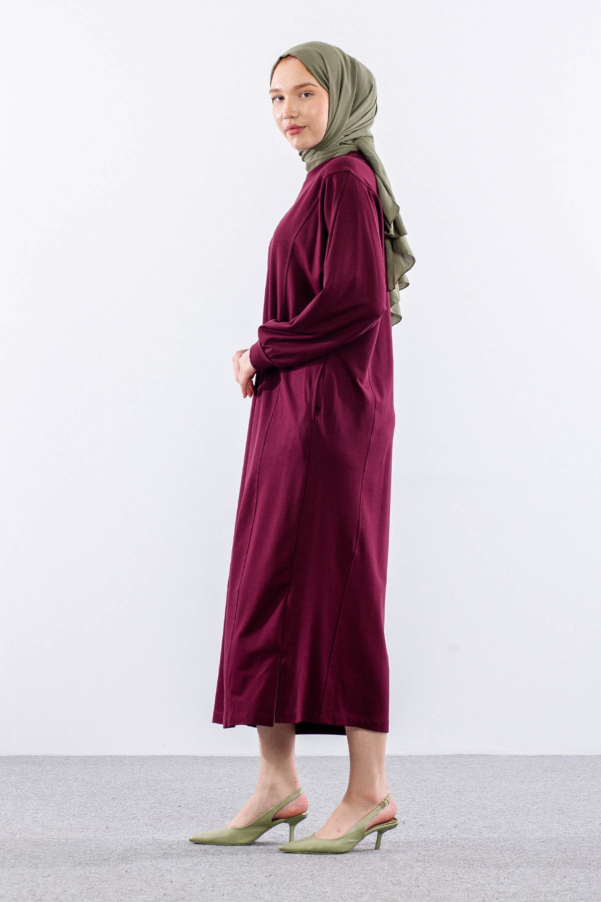 35335 Elbise Tek Yarasa Kol - Bordo - 3