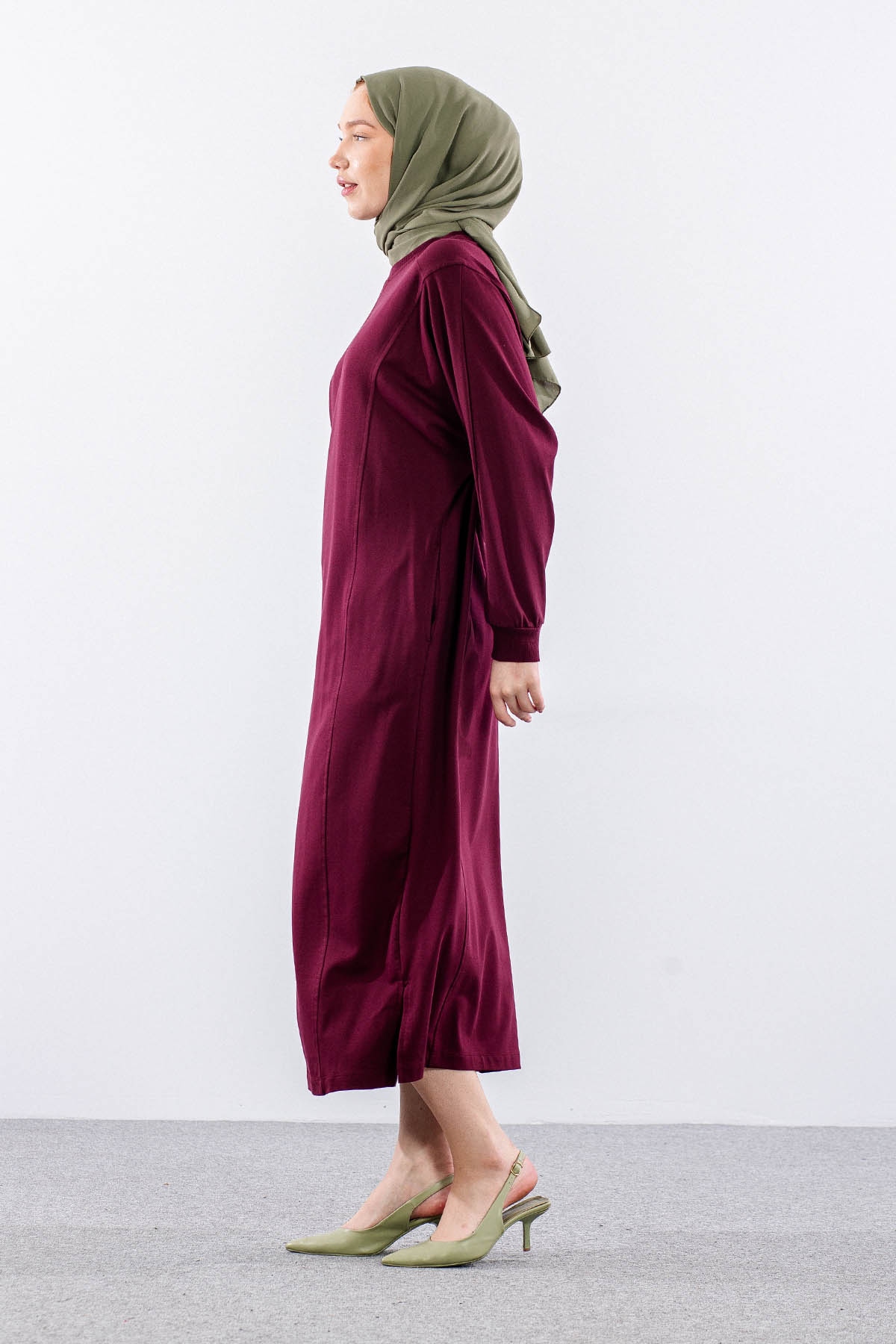 35335 Elbise Tek Yarasa Kol - Bordo - 4