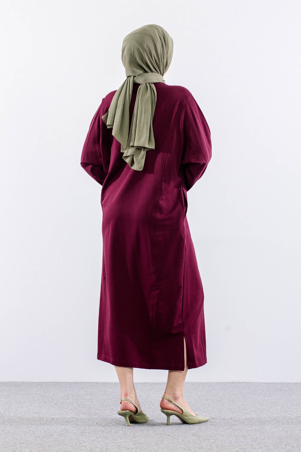 35335 Elbise Tek Yarasa Kol - Bordo - 5