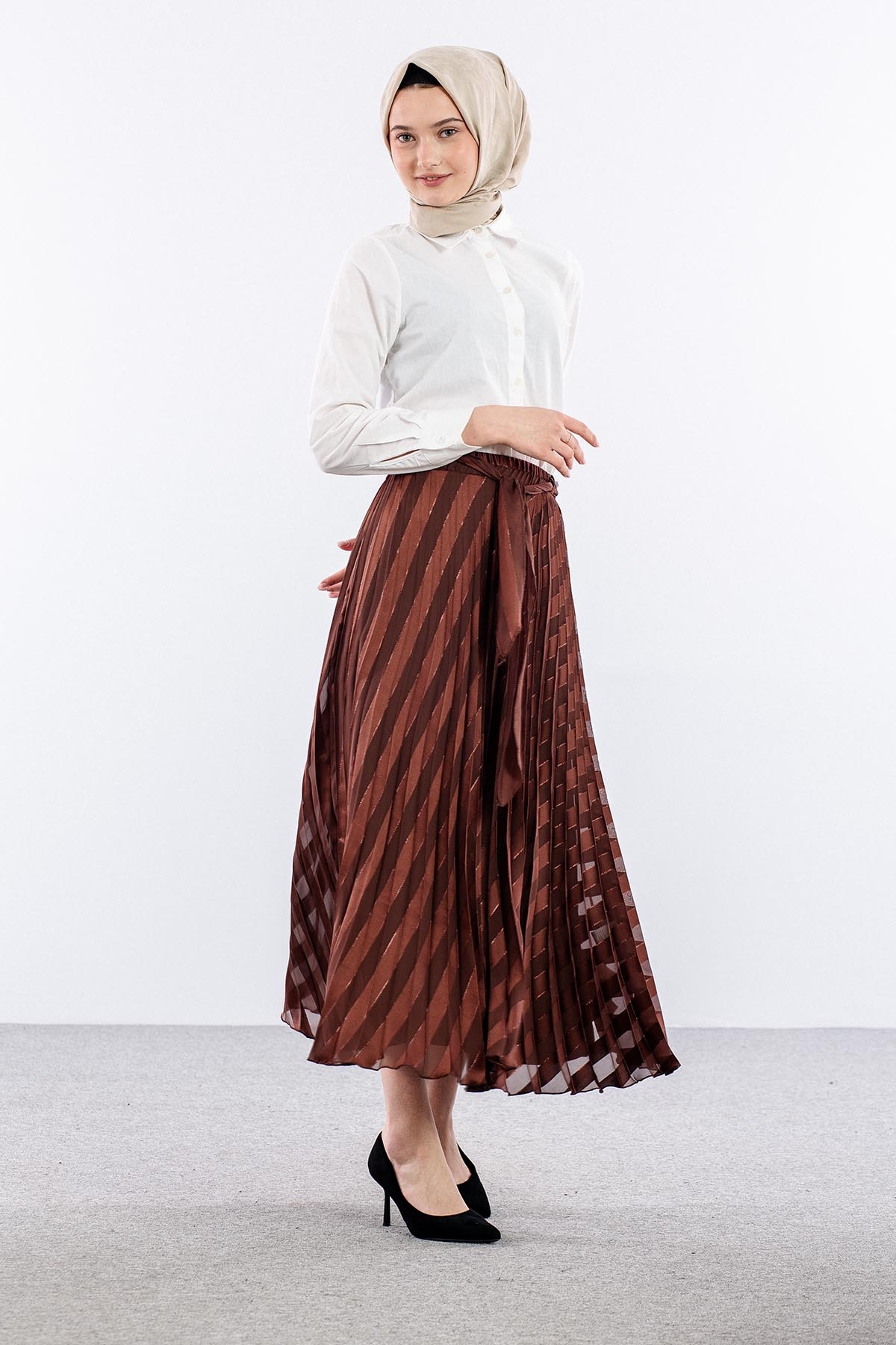 3701 Etek 38-46 Plise Jakar Sifon - Kahve - 1
