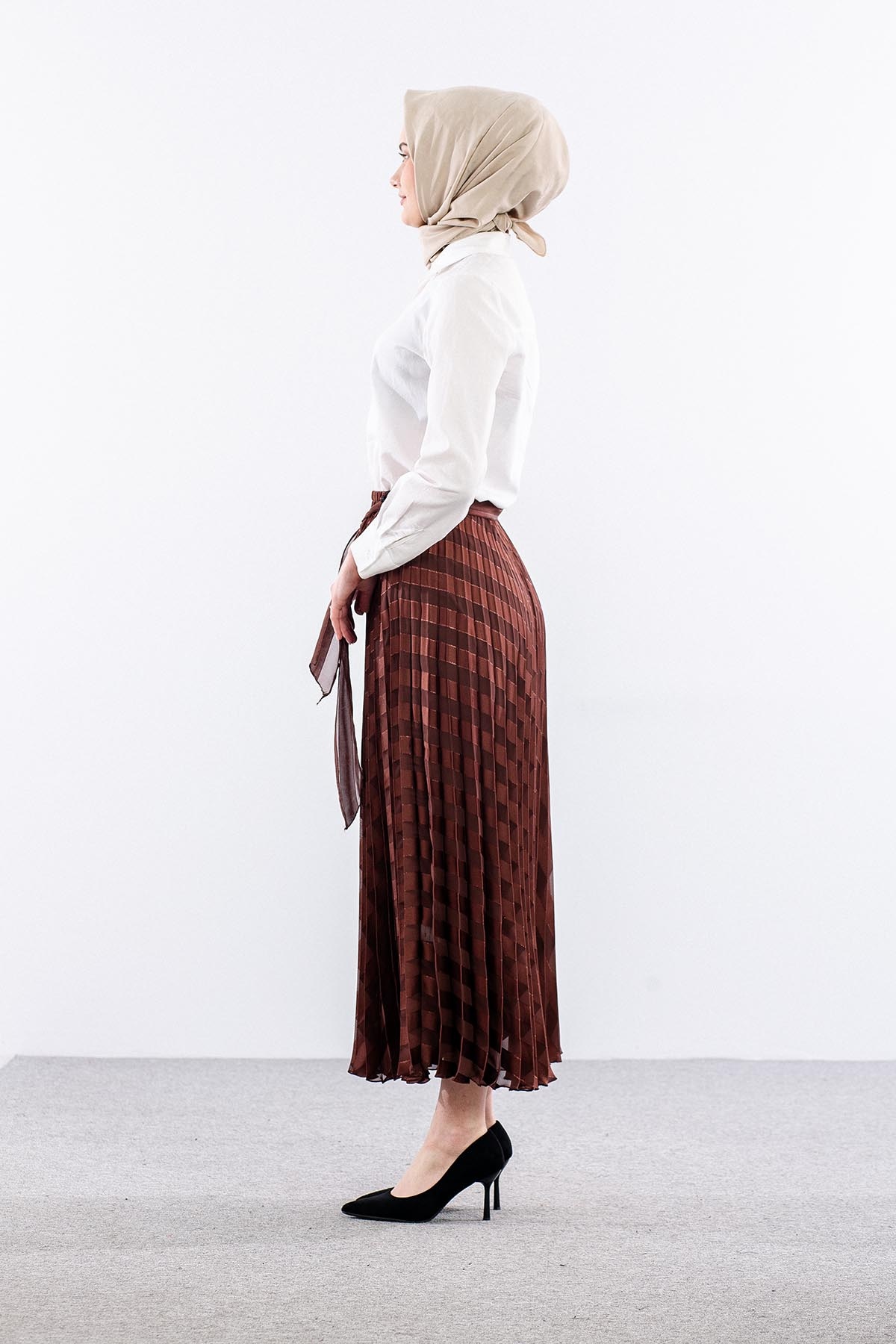 3701 Etek 38-46 Plise Jakar Sifon - Kahve - 3