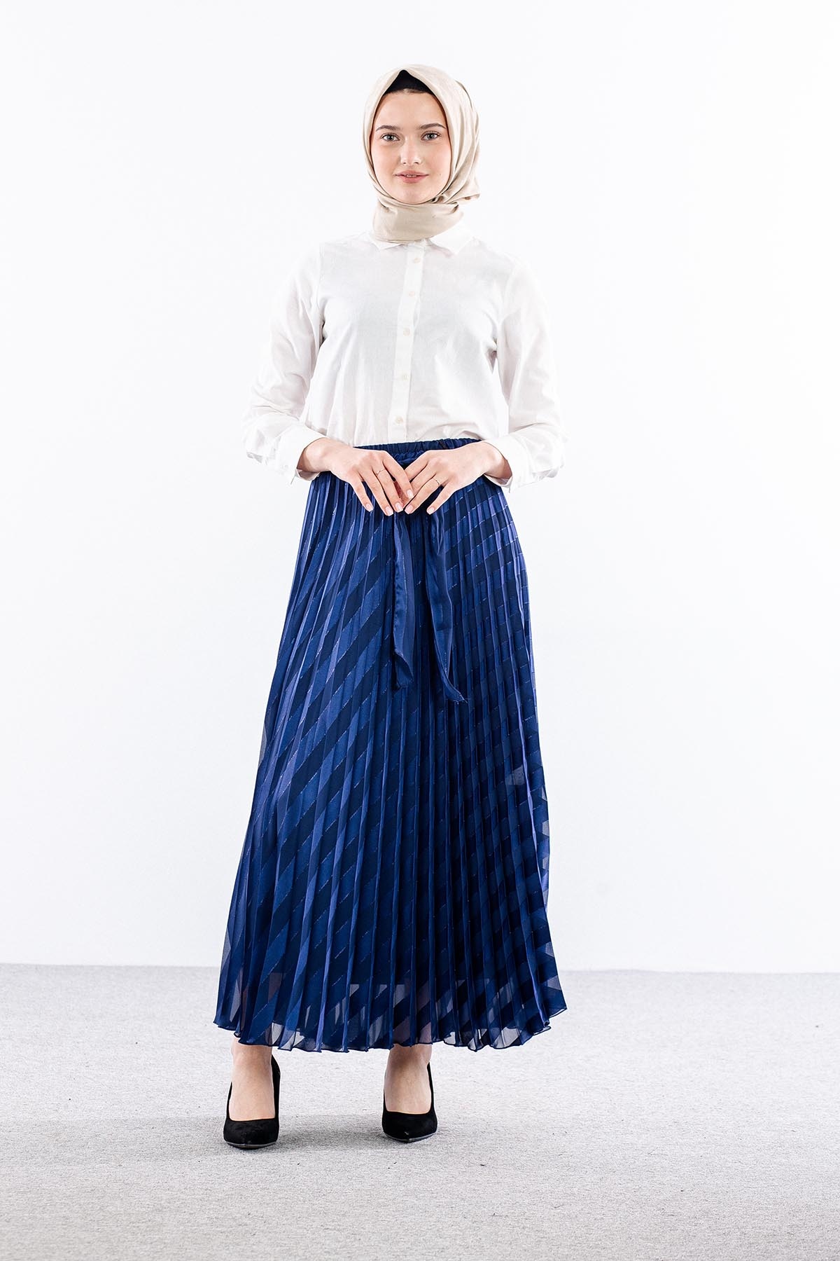 3701 Etek 38-46 Plise Jakar Sifon - Lacivert - 1