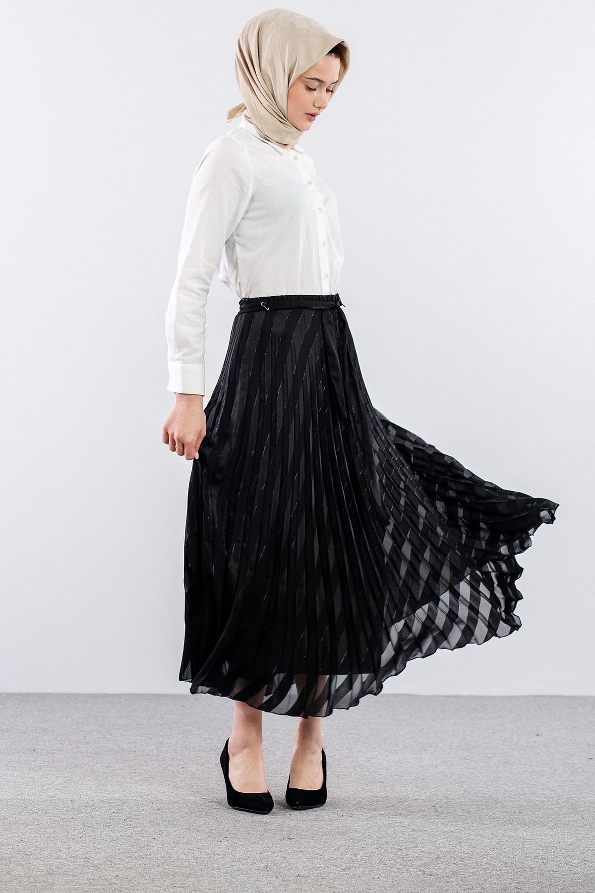 3701 Etek 38-46 Plise Jakar Sifon - Siyah - 2