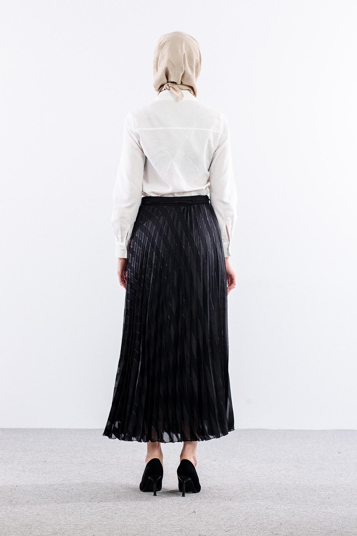 3701 Etek 38-46 Plise Jakar Sifon - Siyah - 5