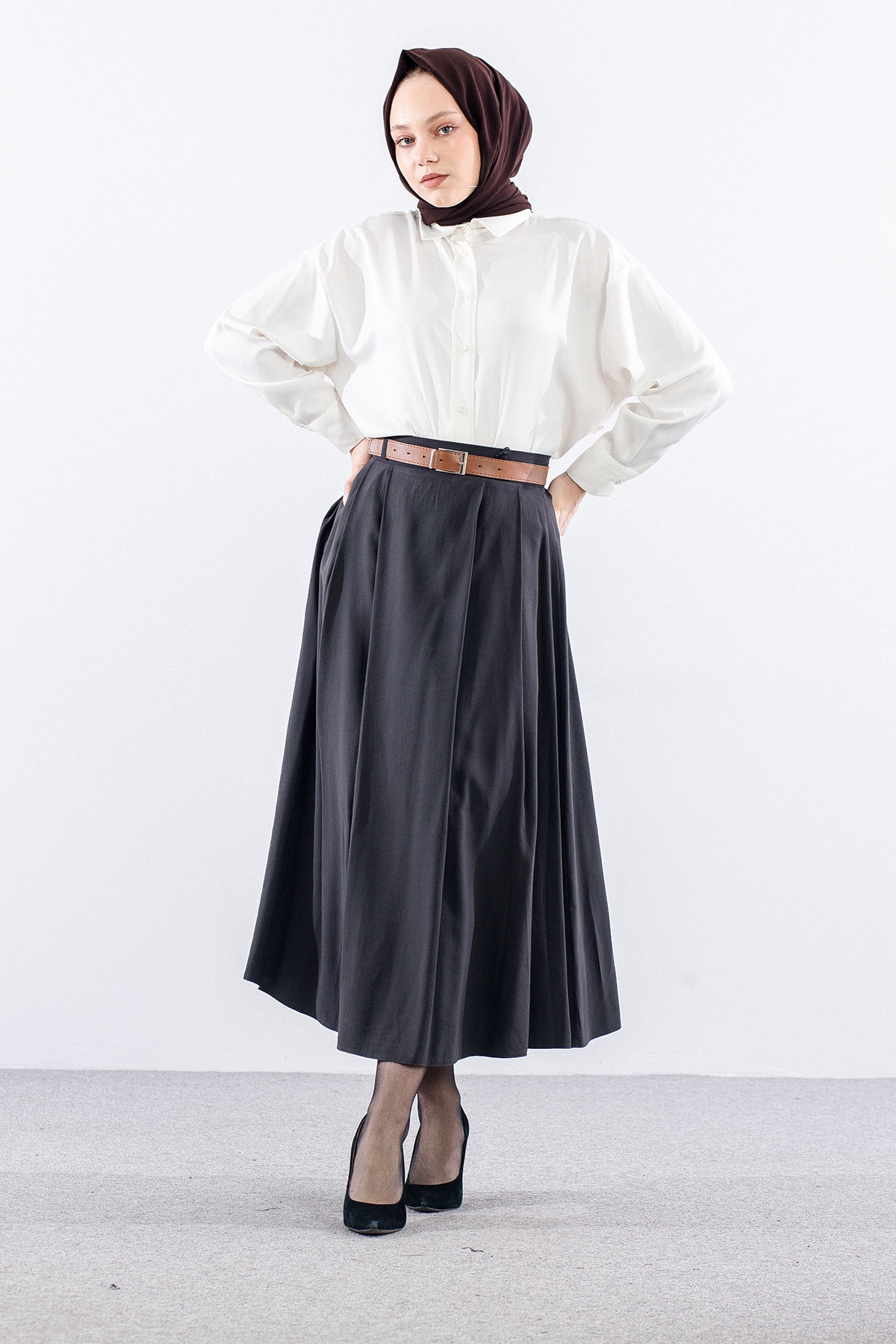 3734 Kloş Etek 38-46 Kemerli̇ - Gri - 1