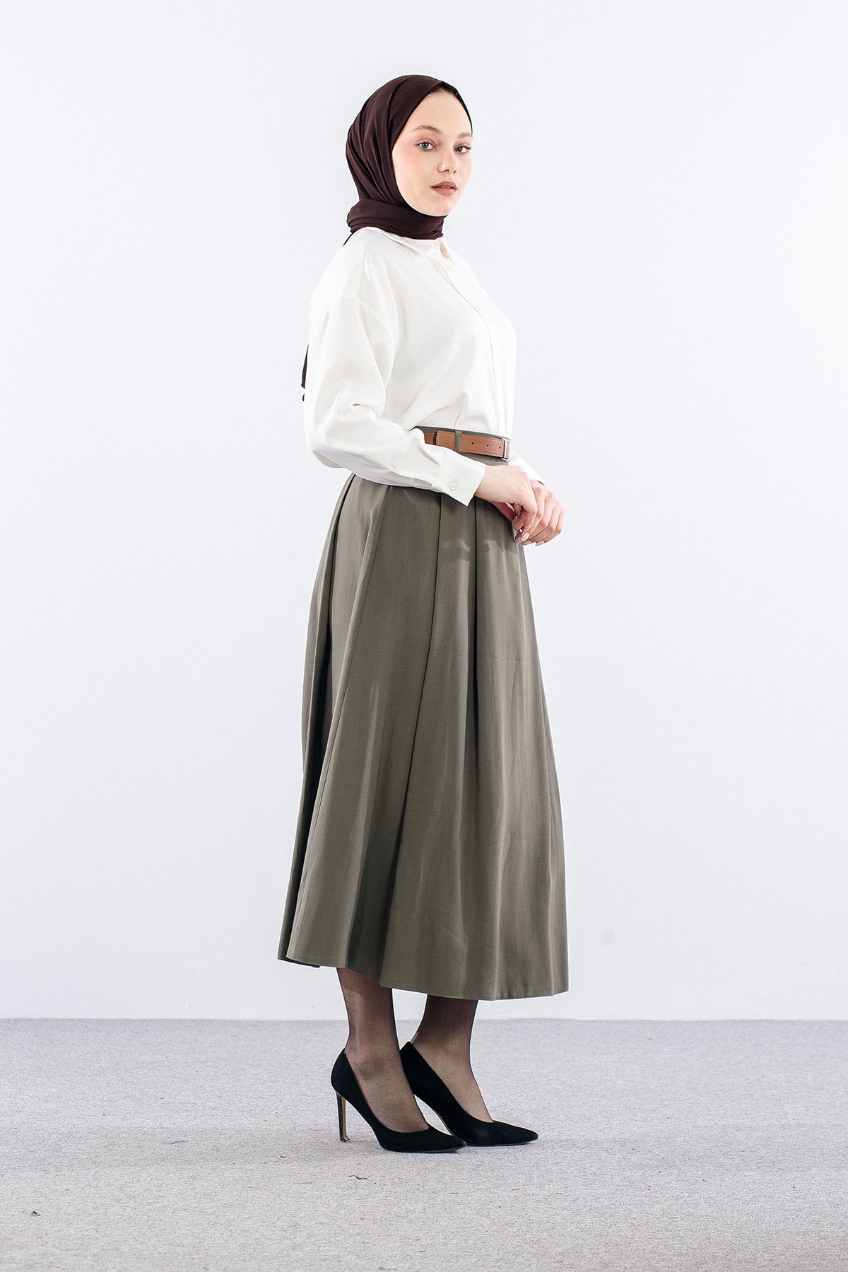 3734 Kloş Etek 38-46 Kemerli̇ - Haki - 3