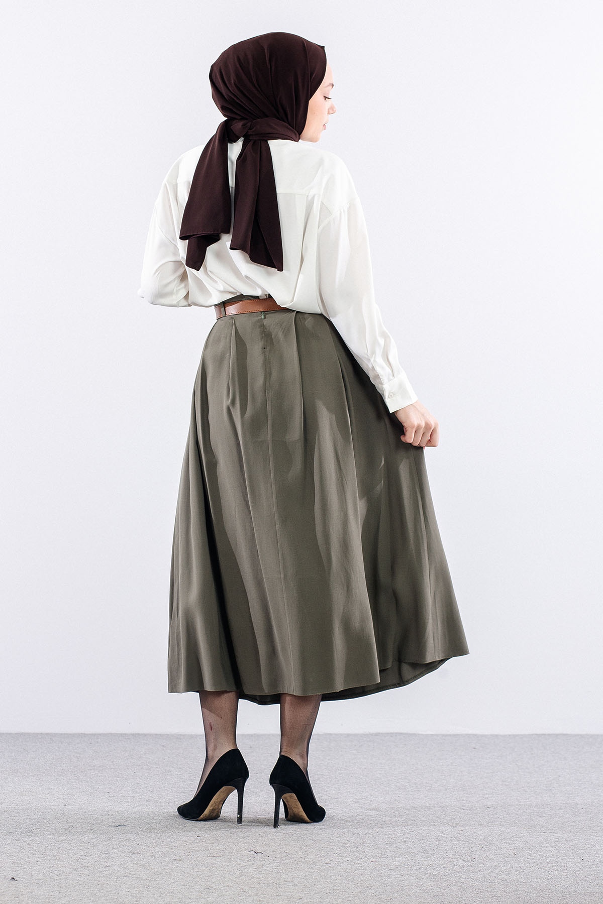 3734 Kloş Etek 38-46 Kemerli̇ - Haki - 4