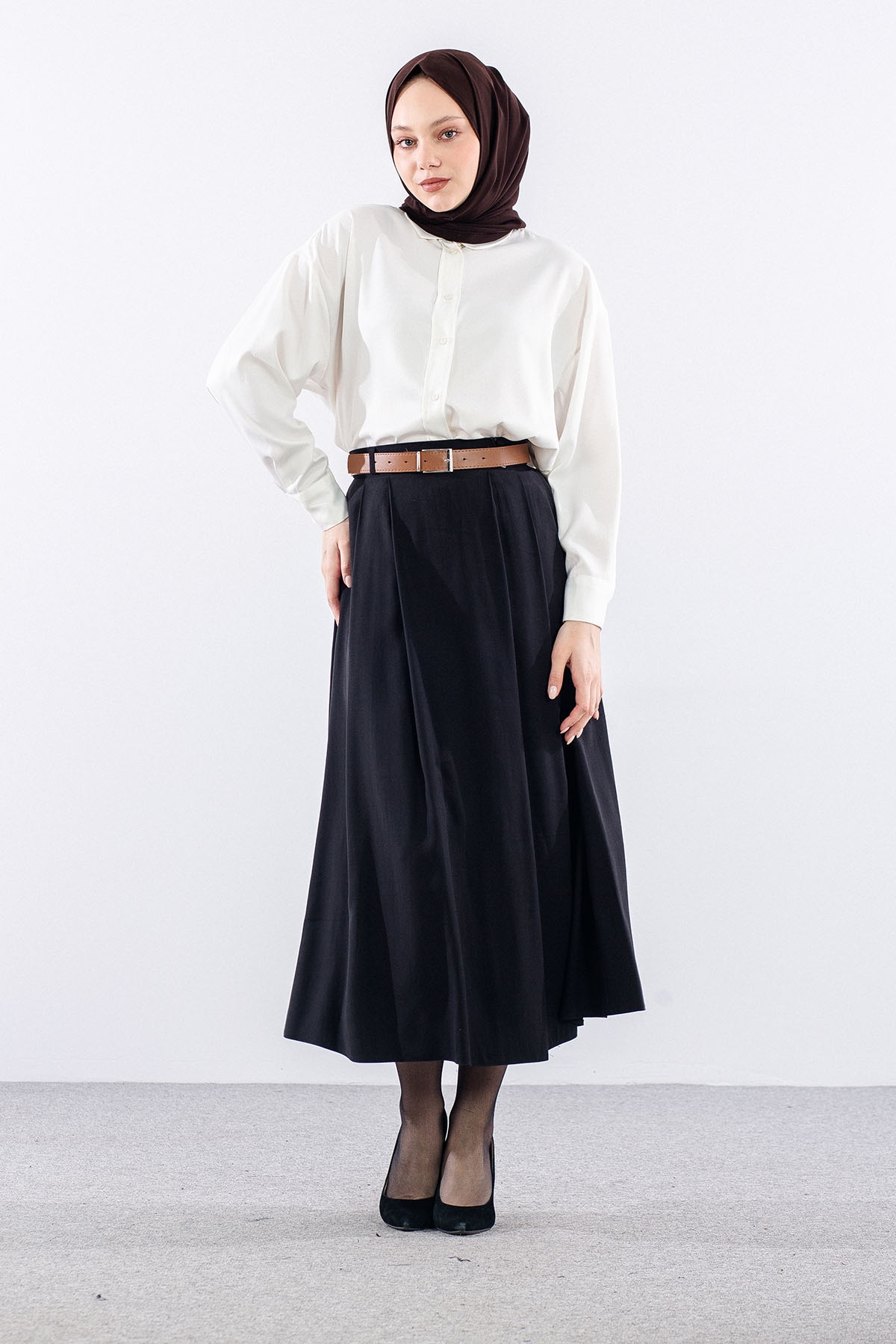 3734 Kloş Etek 38-46 Kemerli̇ - Siyah - 1