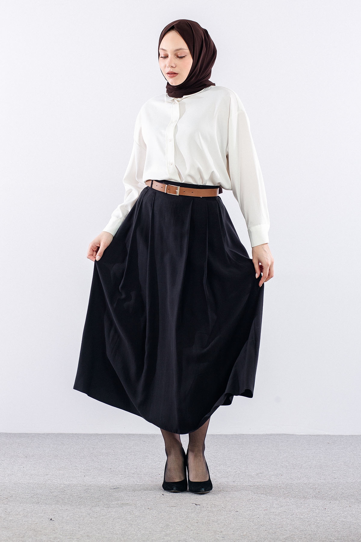 3734 Kloş Etek 38-46 Kemerli̇ - Siyah - 2