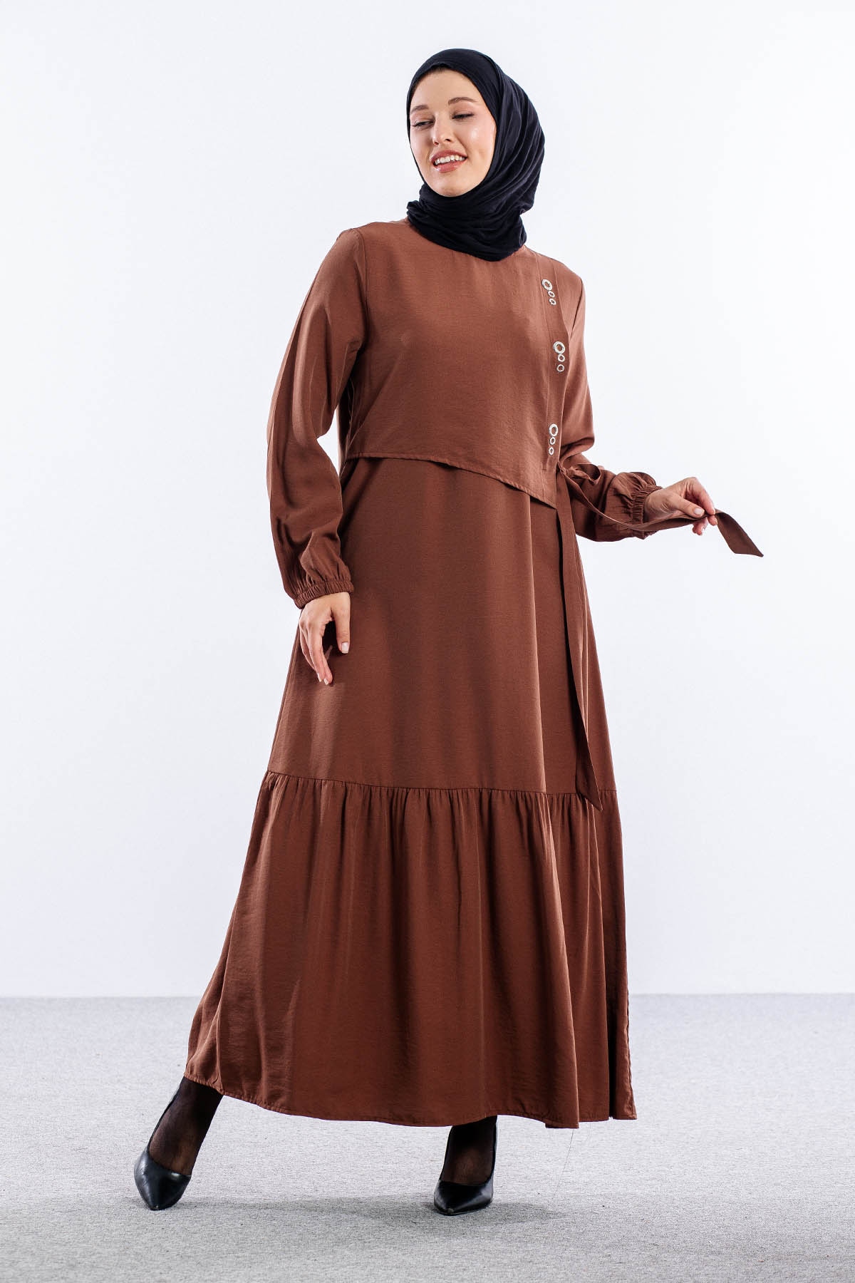 4011 Elbise 42-50 Kusgozu - Kahve - 2