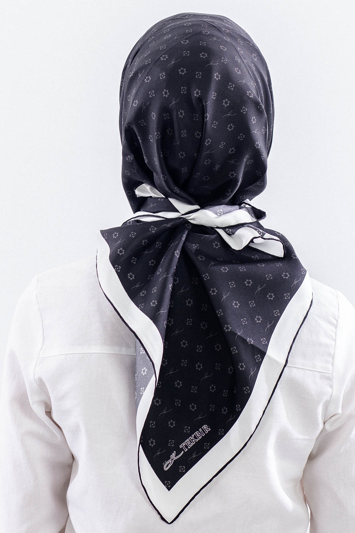 4639 İpek Eşarp Tvil Kumas Monogram - Siyah_gri - 4