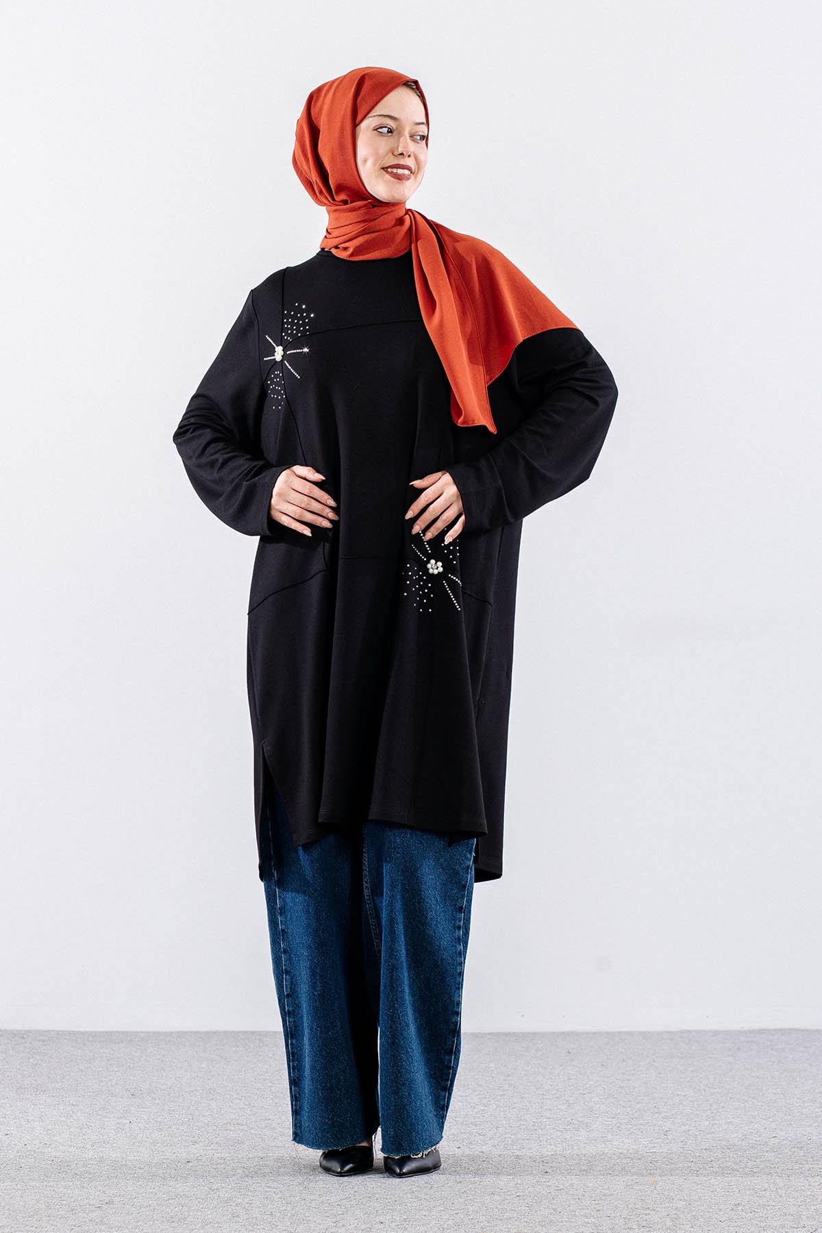 5021 Tunik 44-52 Inci Detay - Siyah - 2