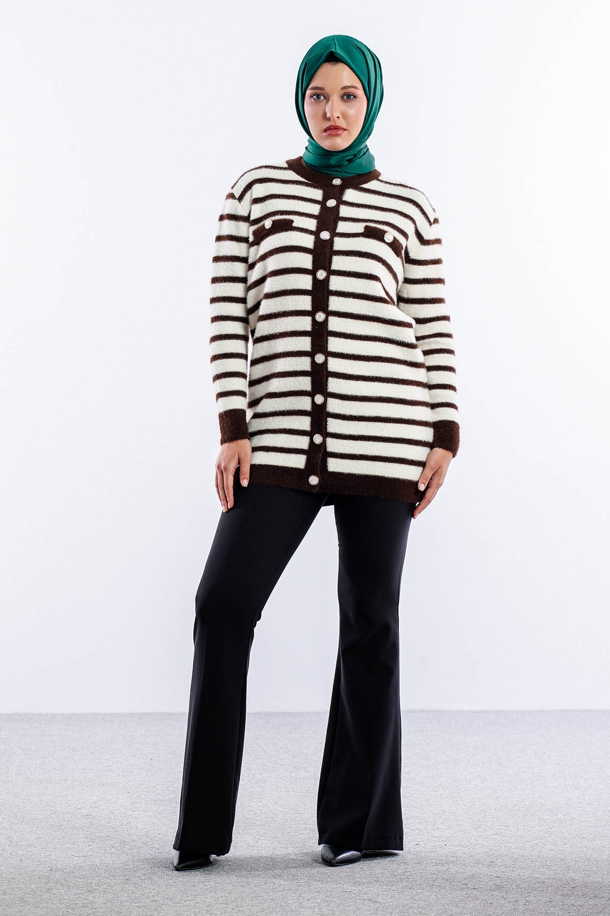 5733 Pelus Hirka Tek Cizgili - Kahve-krem - 1